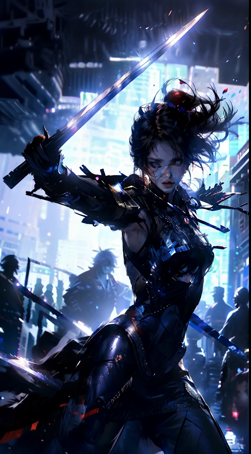 (((looking at another)))，does not look at the viewer，{{{Turn your back to the audience}}}，(((full bodyesbian)))，{{very wide wide shot}},{{From below}}，((Dutch angle)),((Perspective))，,((The course of the battle))，Two-player battles，Reflective floor, A masterpiece of mirrored textured flooring, best qualityer, best qualityer,Amazing,((1girll)),combat scene，finedetail,depth of fields,extremely detailed wallpaper CG unity 8k, Masterpiece, full bodyesbian,(Loli),(whaite hair), red streaked hair, Red eyes, (full bodyesbian),red hair, (((with sword))), Angry face,(美丽细致的眼睛), Blood drop,Blood fog, floated hair,light shafts, soft focus, character focus,messy  hair,with long bangs, hairs between eyes, view the viewer,lowing hair, Floating, Splashing blood,Long hair,(blood stain)