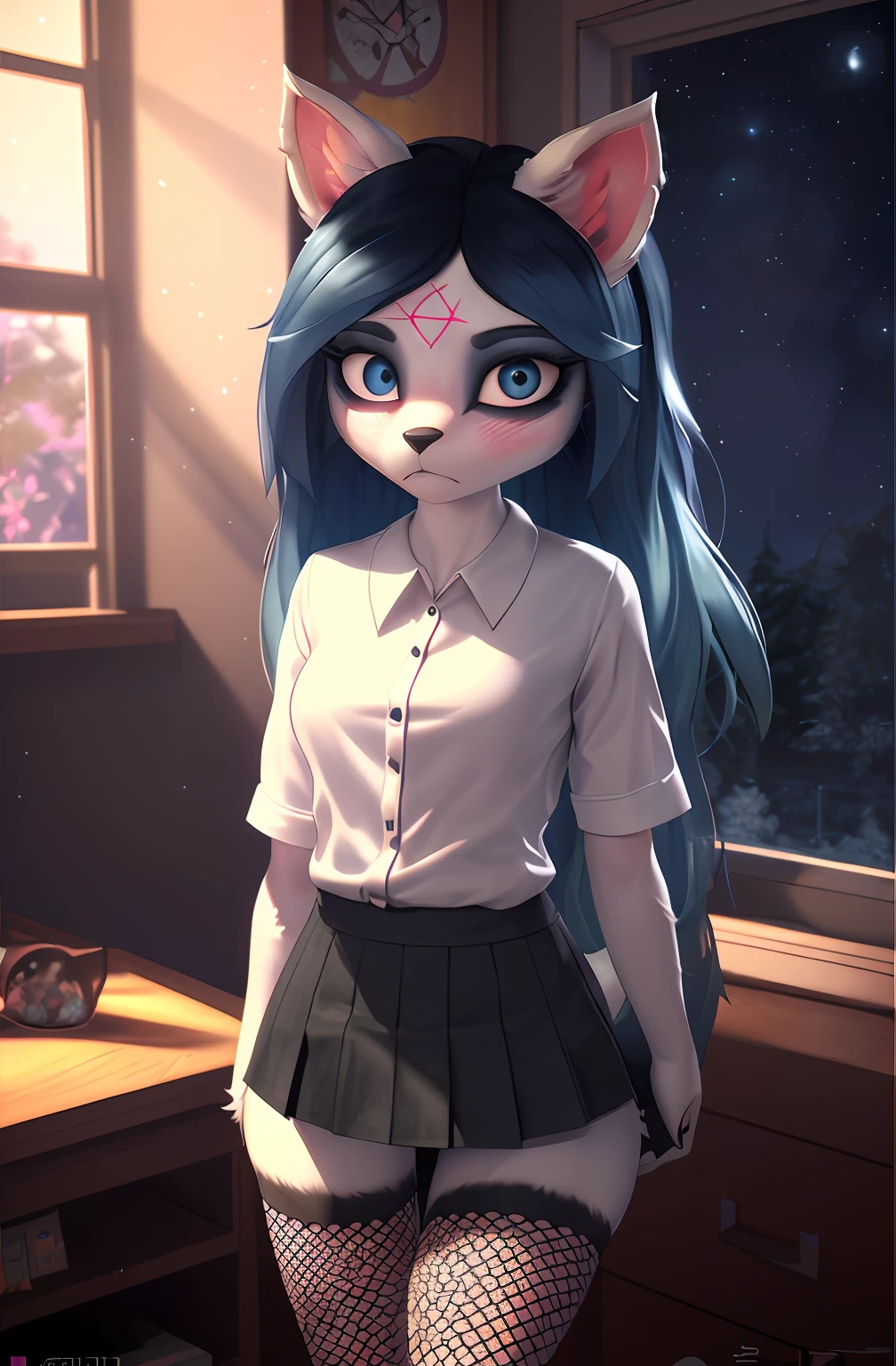 [ggas_fishnet], [Claire (the summoning)], [Uploaded to e621.net; (Pixelsketcher), (wamudraws)], ((masterpiece)), ((1girls)), ((solo portrait)), ((full body)), ((furry; anthro)), ((detailed fur)), ((raytracing)), ((detailed shading)), ((beautiful 3D art)), {anthro; (white fur, black nose), (pink pentagram on forehead), long blue hair, dark blue slit eyes, frown, (blushing), (white button-up shirt), (fishnet thigh highs), (blue japanese school skirt), (beautiful feet), (black claws)}, {(standing), (holding skirt), (cute pose)}, [background; (bedroom; (window nighttime), (starry sky)]