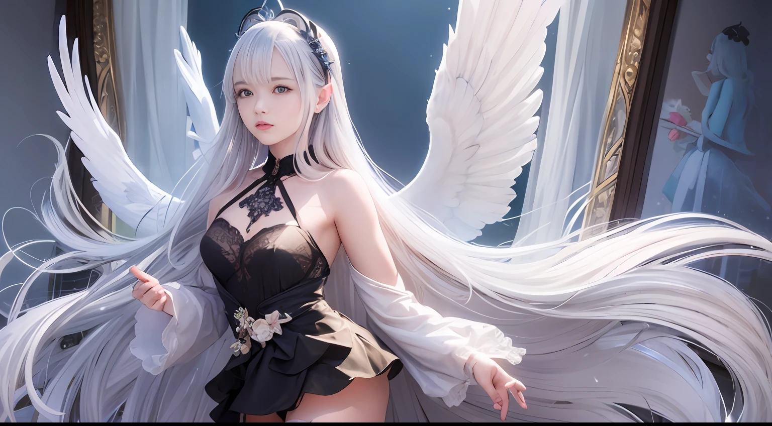 [(Hassleblad H6D-400c)]、[(Medium format image)]、[(dream-like)]、[(400 mega pixels)]、(Photorealsitic:1.4)、(RAW Photography:1.2)、(8k)、(​masterpiece:1.3)、(realisitic)、(A hyper-realistic)、(A hyper-realistic)、ultra-detailliert、illustratio、(very_high_realistic:1.5)、(very_high_resolution:1.5)、HDR、CG、Unity、8k wallpaper、astonishing、finely detail、Official Art、the Extremely Detailed CG Unity 8K Wallpapers、(top-quality)、Incredibly absurd、ultra-detailliert、Light on the face、cinematric light、电影灯光、 Professonal lighting、photon maping、Radio City、physically-based renderingt、solofocus、foco nítido、
hight resolution、ighly detailed、extremely delicate and beautiful、intricate detailes、face muscles、Beautiful detailed girl angel、Natural makeup、extra detailed face、(white backgrounid:1.2)、(FashionMagCover、Magazine covers:1.2)、English text、watermarked、artist name、signed、
([Silvery hair::16][:P Ink Hair:8]:1.4)、浅笑、Mature Female Angel、hair wavy、hair adornments、耳环、(Black Body Stockings:1.3)、Side lock tied behind、Hair with curtains、
(Adult Face:1.3)、bangss、a necklace、huge-breasted、absurdly long hair、sagging breasts、
[::15]