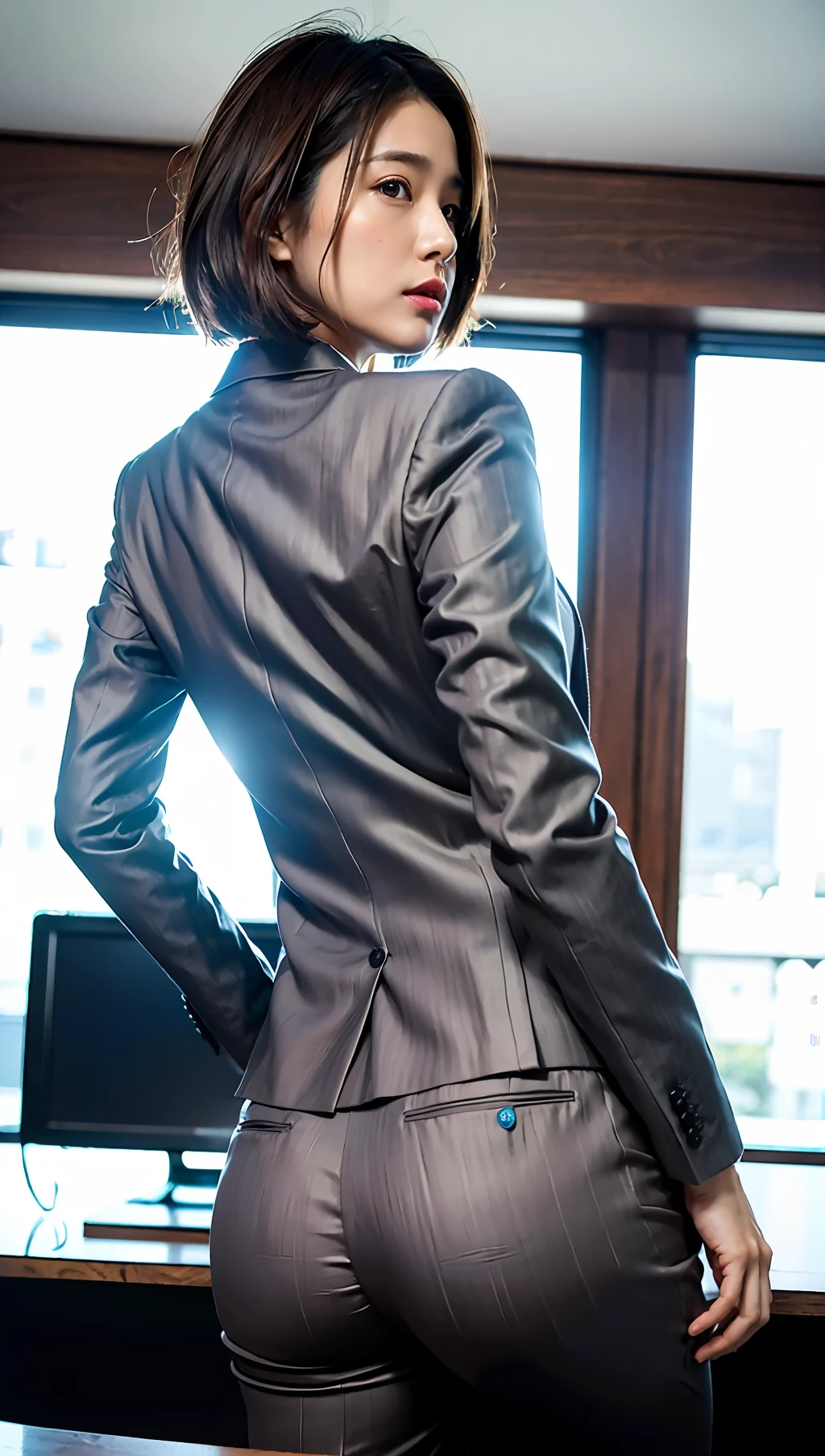 (Best quality, 8k, 32k, Masterpiece, UHD:1.2), 1girl, beautiy Japanese woman, narrow waist, grey suit, open jacket, office lady, suit, pants, from behind, office room, desk, (stick out one's buttocks:1.2), detailed face, short hair,