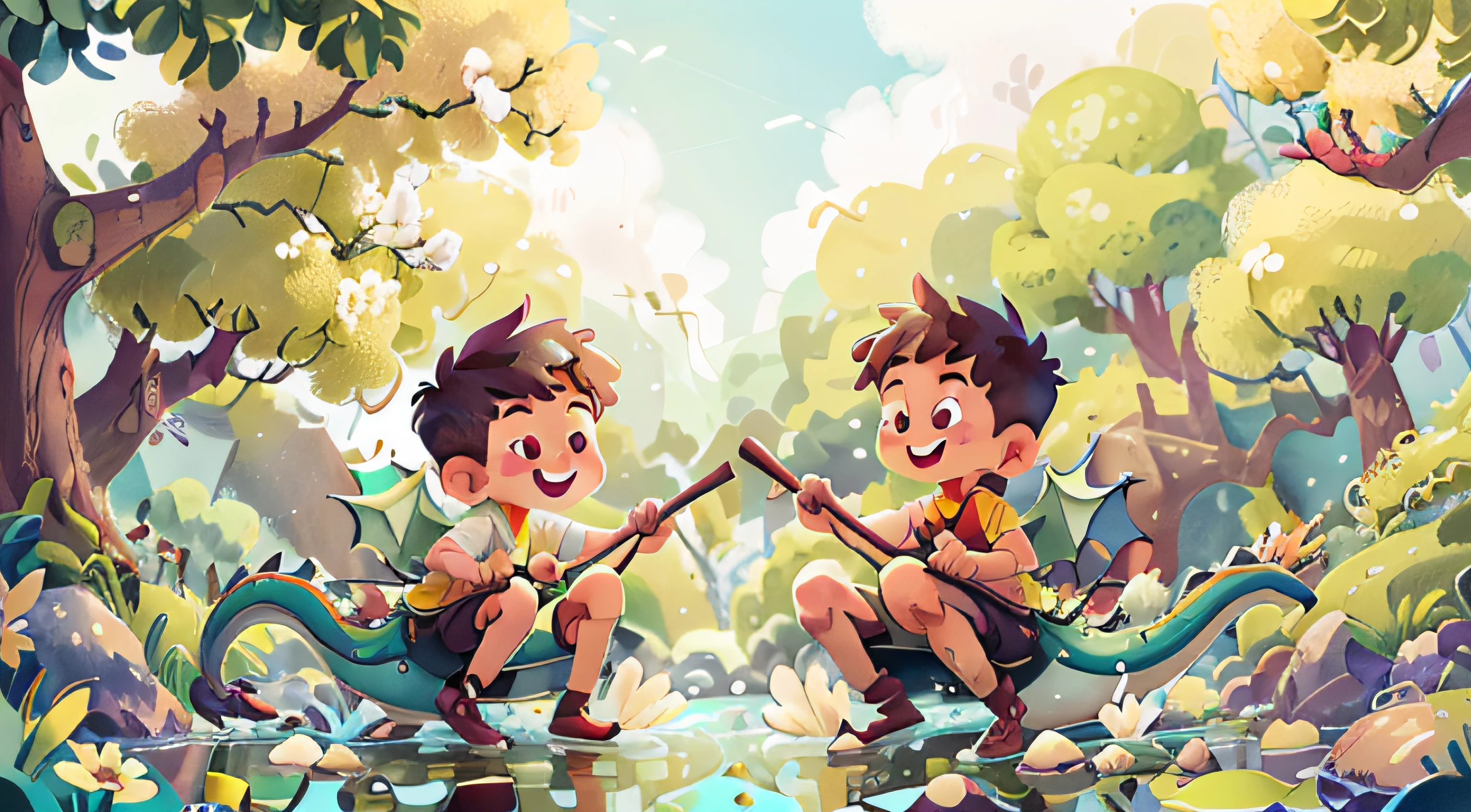 Poster design, (SFW), two rowing boys, Chinese dragon, spring outing, happy, background is a small river interspersed in Chinese street, perfect quality, clear focus, colorful, perfect face, intricate details, ultra-low viewing angle, wide angle lens