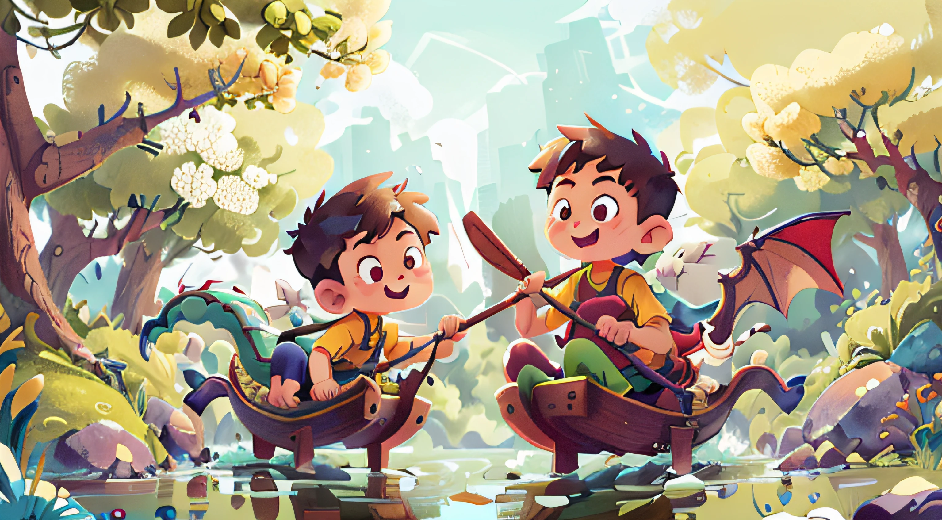 Poster design, (SFW), two rowing boys, Chinese dragon, spring outing, happy, background is a small river interspersed in Chinese street, perfect quality, clear focus, colorful, perfect face, intricate details, ultra-low viewing angle, wide angle lens