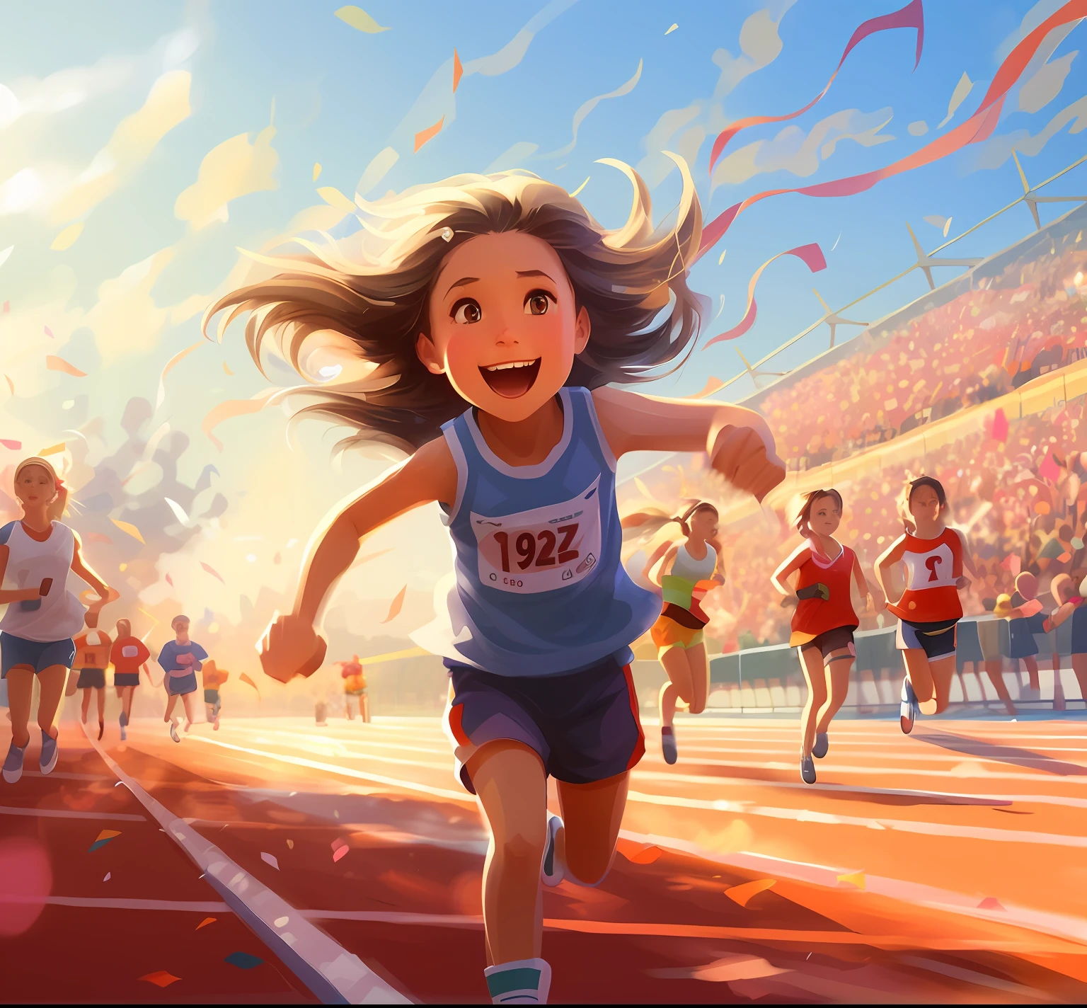 Cartoon illustration of a girl running on a track,Others are watching, girl running, childrens art in artstation, girl is running, lovely digital painting, winning illustration, author:Arthur Penn, by Ni Yuanlu, Game illustration, Girls wear mid-sleeved tracksuits