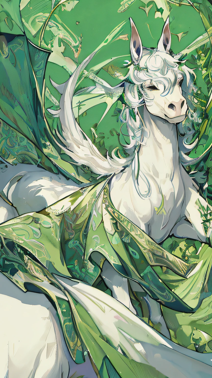 anime - style illustration of a white horse with a green cape, mythical creature, detailed fanart, a mythical creature, llama portrait, furry fantasy art, loish and wlop, full color illustration, full art illustration, a beautiful artwork illustration