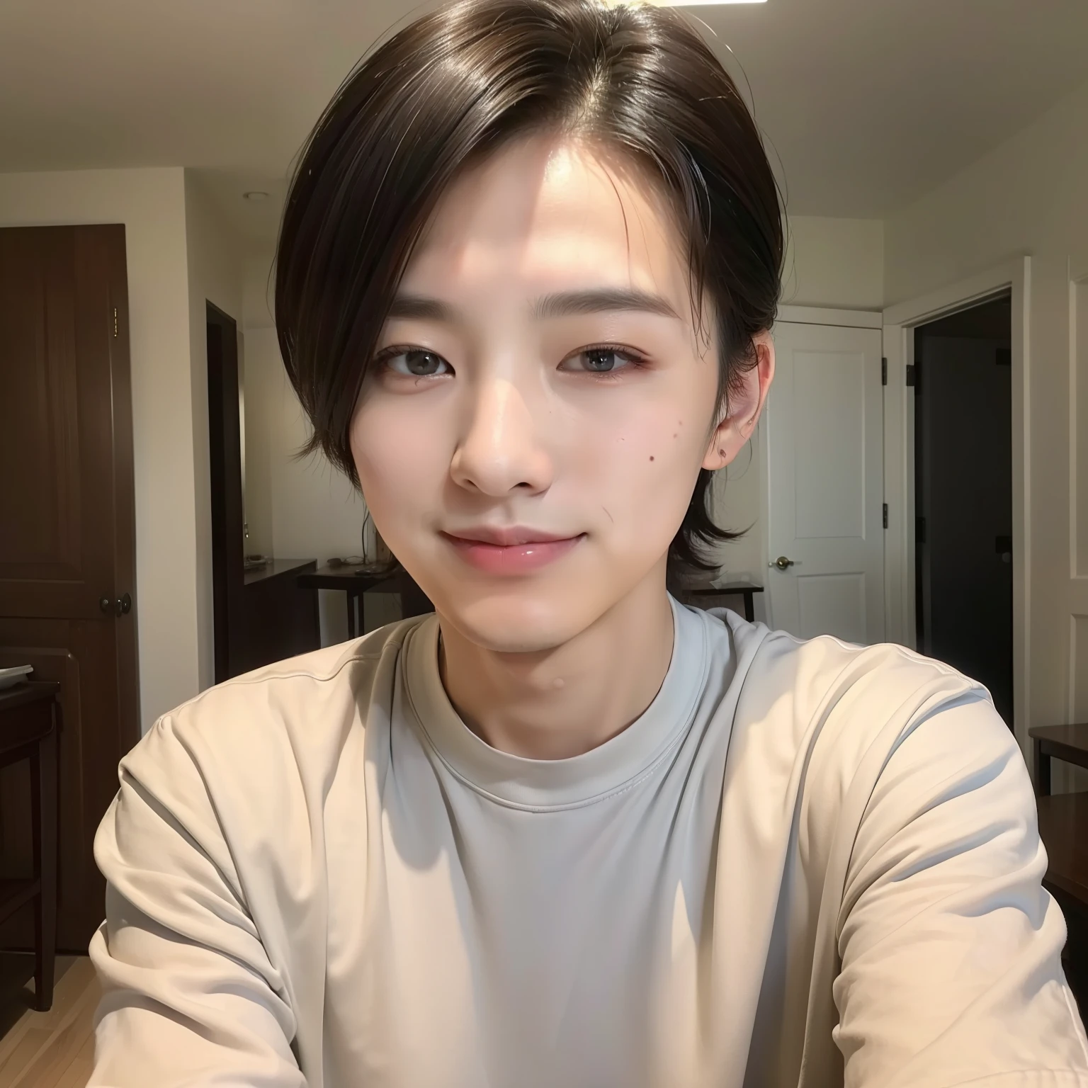 ((top-quality、8k、masterpiece:1.3))、1 boy、beautiful man、in her 20s、(Casual Hairstyles)、casual clothing:1.2、interiors、Super Detail Face、Delicat eyes、二重まぶた、a smile