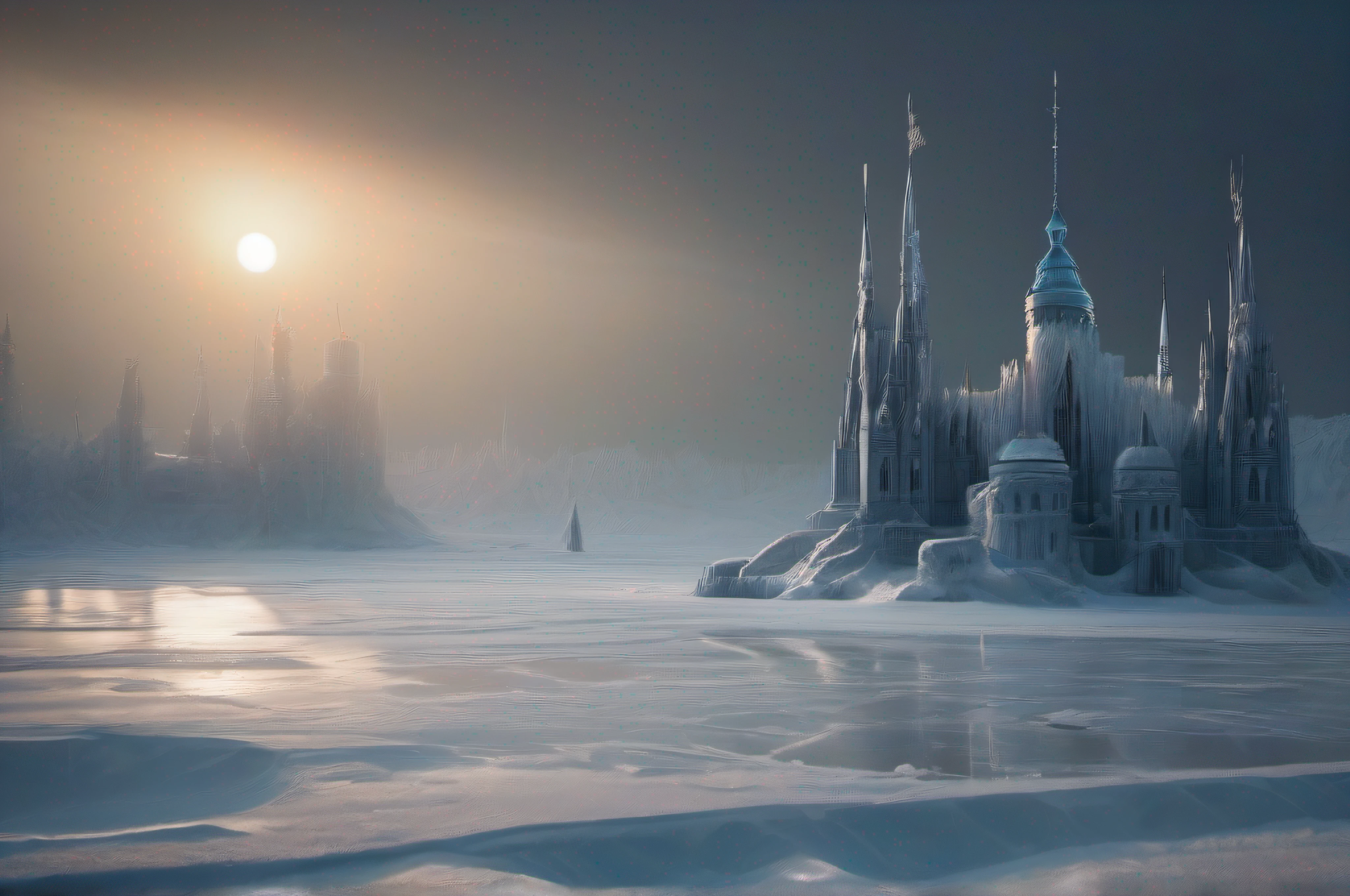 A frozen metropolis, a buried city. The buildings lie hidden under a vast expanse of ice, stretching endlessly into the distance. The ice is thick and glows with a cold, pristine beauty, obscuring the vibrant life that once thrived below. The towering structures, whose tops are barely visible, seem to disappear into the fathomless depths of darkness. The emptiness below is palpable, exuding an eerie sense of mystery and foreboding. The atmosphere is eerie, with a deep stillness hanging in the air, broken only by the occasional cracking of the frozen surface. The ethereal glow of moonlight reflects off the ice, casting an otherworldly luminescence over the frozen cityscape. The play of light and shadow creates an interplay of contrasts, highlighting the desolation and grandeur of this frozen kingdom. Cool blue tones dominate, giving the scene a chill, while faint hints of warm colors remind us of the life that once enlivened these streets. The lights dance, casting long, distorted shadows across the frozen landscape, accentuating the surreal, dreamlike nature of this frozen prison. The depth of the ice is highlighted by subtle flashes of light, revealing the hidden secrets that lie beneath the frozen surface. The interplay between light and dark is a visual metaphor that symbolizes the resilience of the human spirit in the face of adversity, the hope that persists even in the coldest environments. The image captures a moment frozen in time, a haunting memory of what once was, and a testament to the indomitable spirit of this city trapped under the ice.
INFORMATION