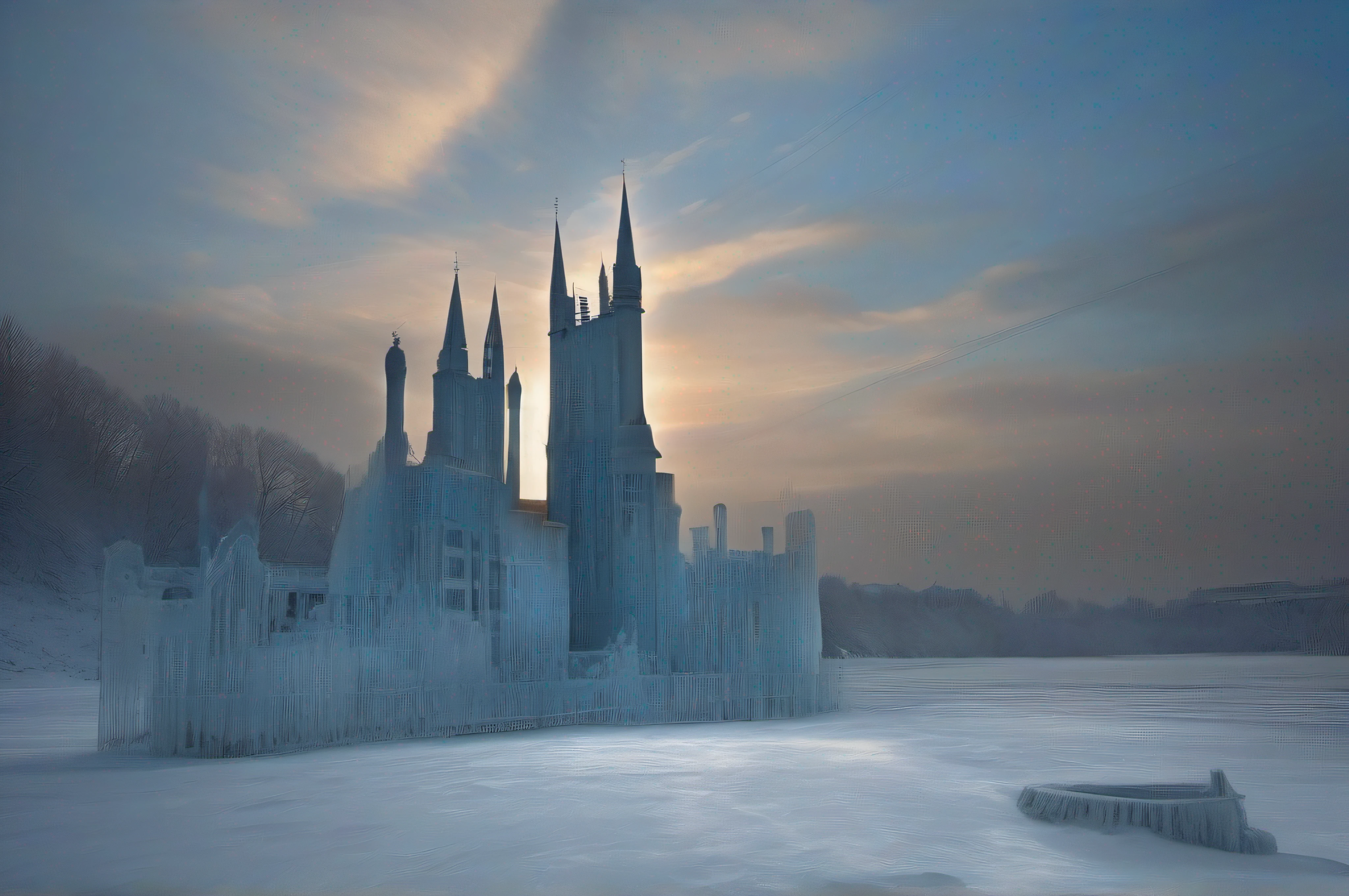 A frozen metropolis, a buried city. The buildings lie hidden under a vast expanse of ice, stretching endlessly into the distance. The ice is thick and glows with a cold, pristine beauty, obscuring the vibrant life that once thrived below. The towering structures, whose tops are barely visible, seem to disappear into the fathomless depths of darkness. The emptiness below is palpable, exuding an eerie sense of mystery and foreboding. The atmosphere is eerie, with a deep stillness hanging in the air, broken only by the occasional cracking of the frozen surface. The ethereal glow of moonlight reflects off the ice, casting an otherworldly luminescence over the frozen cityscape. The play of light and shadow creates an interplay of contrasts, highlighting the desolation and grandeur of this frozen kingdom. Cool blue tones dominate, giving the scene a chill, while faint hints of warm colors remind us of the life that once enlivened these streets. The lights dance, casting long, distorted shadows across the frozen landscape, accentuating the surreal, dreamlike nature of this frozen prison. The depth of the ice is highlighted by subtle flashes of light, revealing the hidden secrets that lie beneath the frozen surface. The interplay between light and dark is a visual metaphor that symbolizes the resilience of the human spirit in the face of adversity, the hope that persists even in the coldest environments. The image captures a moment frozen in time, a haunting memory of what once was, and a testament to the indomitable spirit of this city trapped under the ice.
 INFORMATION