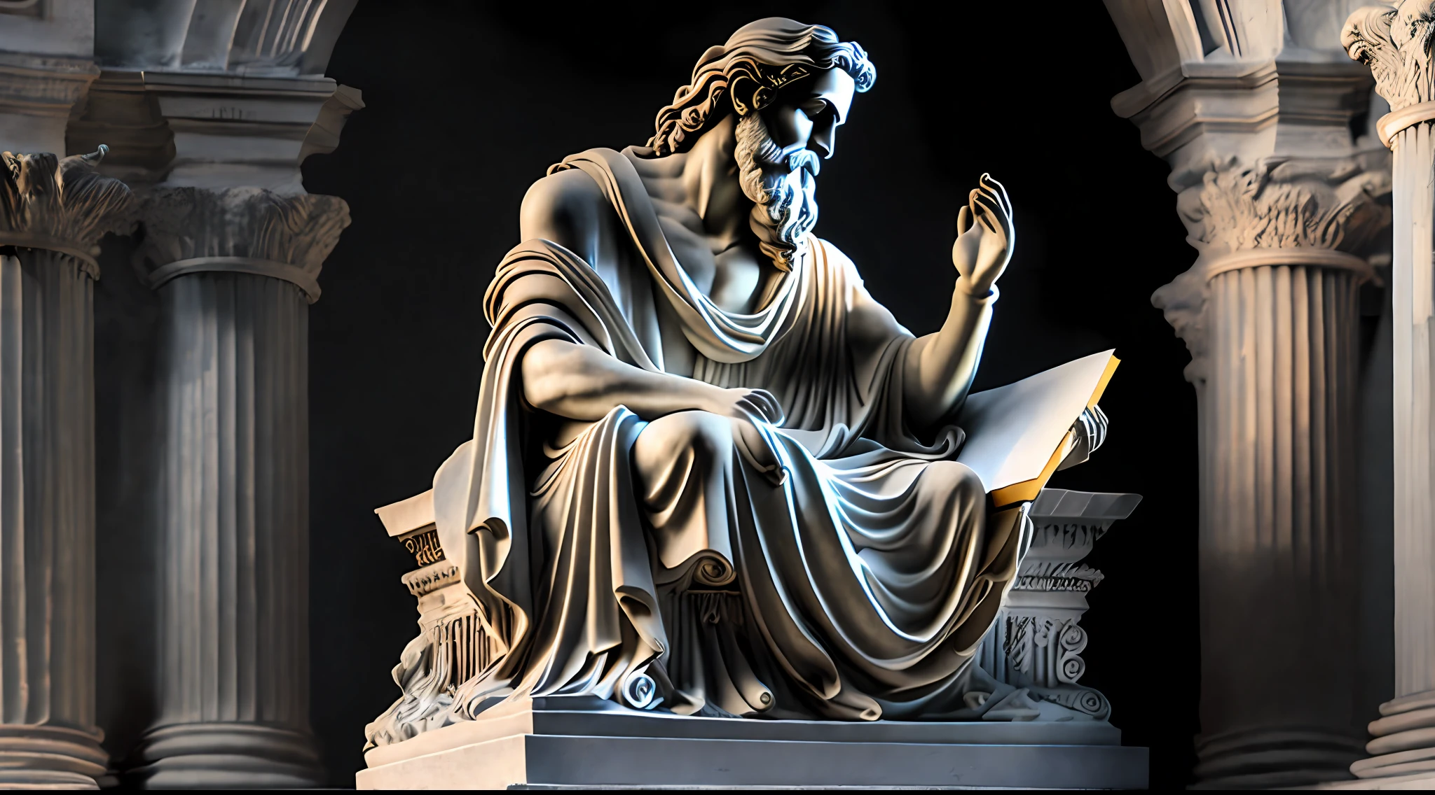Statue of a philosopher, em pose de pensativo, grecia, extremamente realista, papel de parede, 8k, fundo preto, only to front statues, meio corpo