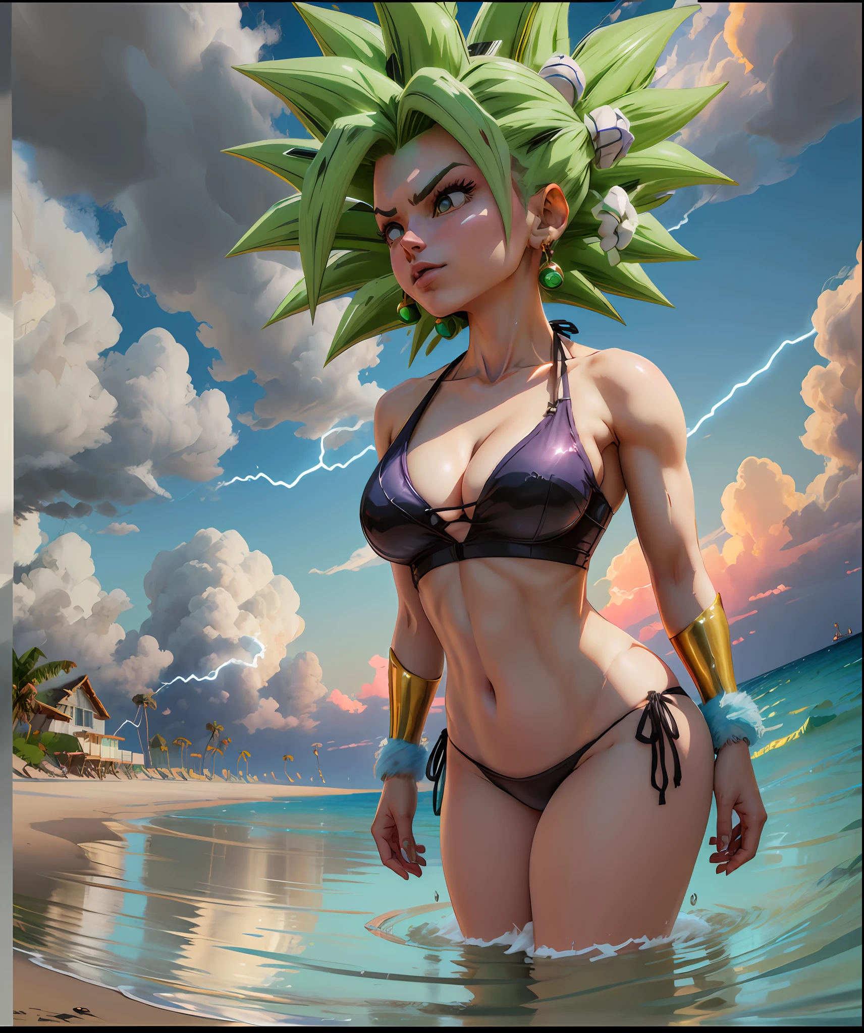 (obra-prima, Beach scene at sunset:1.3), (Kefla de Dragon Ball Super :1.2), (standing at its height of 140 centimeters with a well distributed 65 kg:1.2), (Beautifully proportioned body with large breasts and large buttocks, firmes e redondas:1.2), (slender physique:1.1), (passeando pela praia no momento da captura:1.2), (Facing the camera squarely, mas virando-se com uma breve risada no canto da boca:1.2), (fotografia tirada de suas costas:1.5), (wearing an extremely small bikini both on top and bottom:1.5), (Capturing the enchanting lighting of the sunset:1.1), (enhancing the beauty of your green colored hair:1.3) Detalhes insanos e hiperdetalhados, Lindamente colorido, Motor irreal, DOF, Super-Resolution, Megapixel, cinematographic lightning, antialiasing, FKAA, TXAA, RTX, SSAO, Post-processing, post - production, Mapeamento de Tons, ...cgi, VFX, SFX, Insanamente detalhado e intrincado, Hiper maximalista, Hiper realista, volumático, fotorrealista, ultra fotorreal | | |, ultra-detalhado, detalhes intrincados, 8k, super detalhado, Colouring, Volumetric lightning, HDR, realista, Motor irreal, 16k, foco nítido. octan render