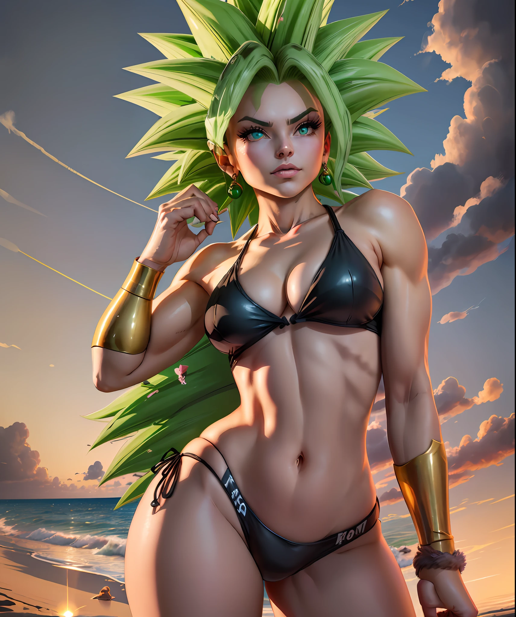 (obra-prima, Beach scene at sunset:1.3), (Kefla de Dragon Ball Super :1.2), (standing at its height of 140 centimeters with a well distributed 65 kg:1.2), (Beautifully proportioned body with large breasts and large buttocks, firmes e redondas:1.2), (slender physique:1.1), (passeando pela praia no momento da captura:1.2), (Facing the camera squarely, mas virando-se com uma breve risada no canto da boca:1.2), (fotografia tirada de suas costas:1.5), (wearing an extremely small bikini both on top and bottom:1.5), (Capturing the enchanting lighting of the sunset:1.1), (enhancing the beauty of your green colored hair:1.3) Detalhes insanos e hiperdetalhados, Lindamente colorido, Motor irreal, DOF, Super-Resolution, Megapixel, cinematographic lightning, antialiasing, FKAA, TXAA, RTX, SSAO, Post-processing, post - production, Mapeamento de Tons, ...cgi, VFX, SFX, Insanamente detalhado e intrincado, Hiper maximalista, Hiper realista, volumático, fotorrealista, ultra fotorreal | | |, ultra-detalhado, detalhes intrincados, 8k, super detalhado, Colouring, Volumetric lightning, HDR, realista, Motor irreal, 16k, foco nítido. octan render