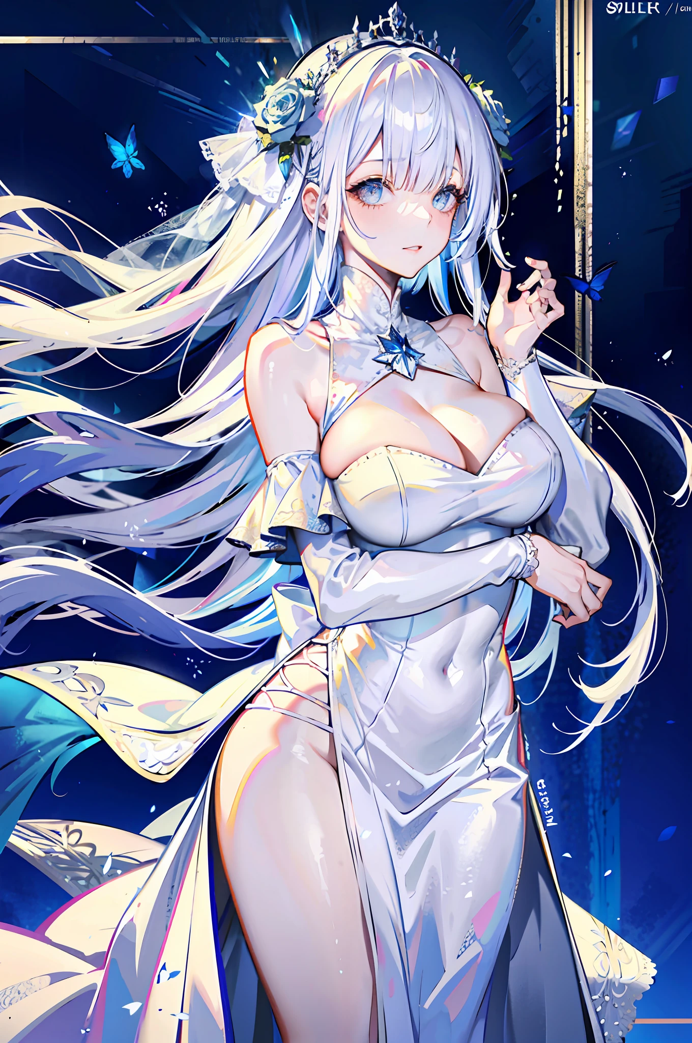 silber hair,butterflys,long whitr hair,white wedding gown,8k wallpaper,detailedbackground,Highest high resolution,deep v big breasts,Hair covers one eye,Bandeau wedding dress,chies,White rose,tight-fitting,chies,In the daytime,