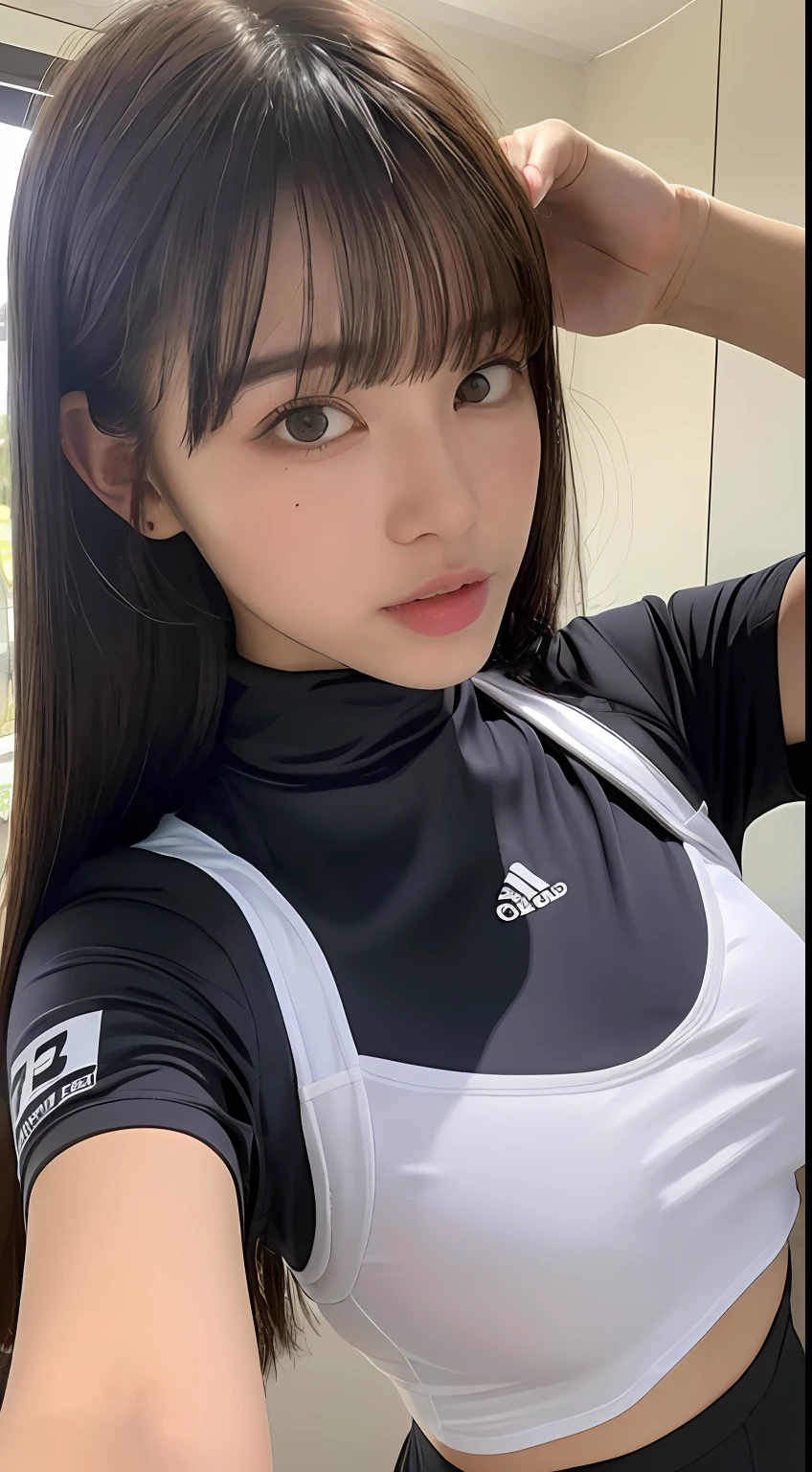 College girl and one short boy, college girl wearing sexy shiny training gear is grabbed by the boy next to her by the top of her chest (college girl in shiny truck costume, best quality, high definition, 8k, 1girl, (huge breasts :0.8), sun, bright,(satin training gear :1.8, high neck: 1.5, dark grey: 1.8 ), (bangs, side tails), (upper body: 2.5) soft lighting, wind, shiny skin, looking at the viewer, seductive expression), a boy is grabbing the top of the breast of a beautiful college girl next to him with his hand (T-shirt, shorts, grabbing the top of a woman's breasts with his hand)