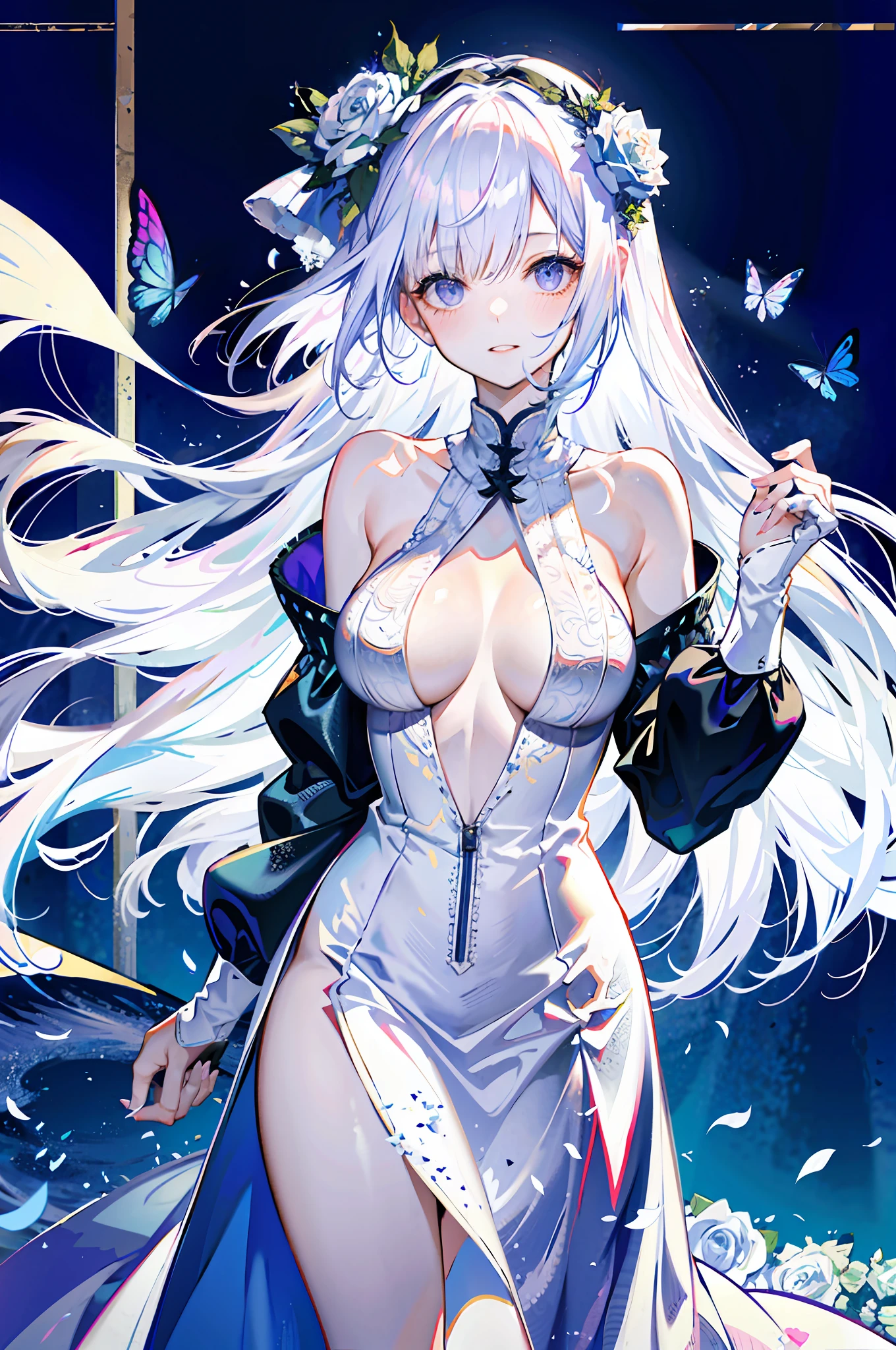 silber hair,erflys,long whitr hair,white wedding gown,8k wallpaper,detailedbackground,Highest high resolution,deep v big r covers one eye,Bandeau wedding dress,chies,White rose,tight-fitting,chies,In the daytime,