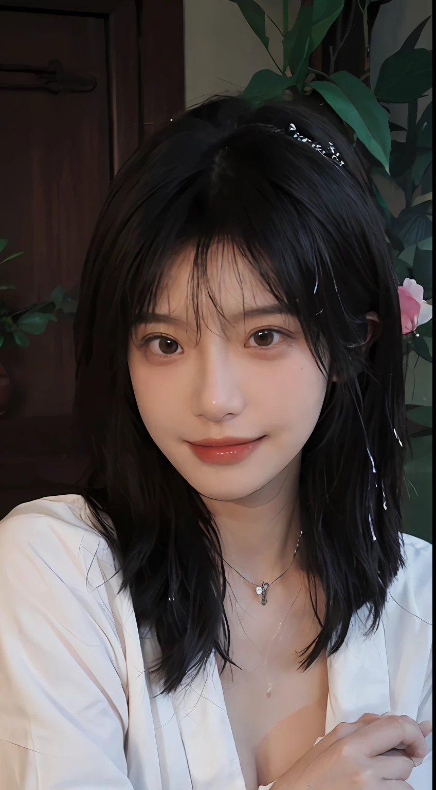 best qualtiy, 超高分辨率, (realisticlying:1.4), Baoyu Girl, Black long straight,A pair of clear and moving peach blossom eyes,Royal Sister,sunshine on face,with long coiled hair,((Cut hair in layers,Ordinary chest:1.2)),(Chinese nurse uniform:1.4),(choker necklace:1.2),(Fair skin:1.9),(full bodyesbian:1.2)a sense of atmosphere,a beauty girl, ssmile,head straight-looking at viewer, closeup cleavage ,(Photorealistic:1.4),Sexy,(The upper part of the body:1.4),(Wet body:1.3)