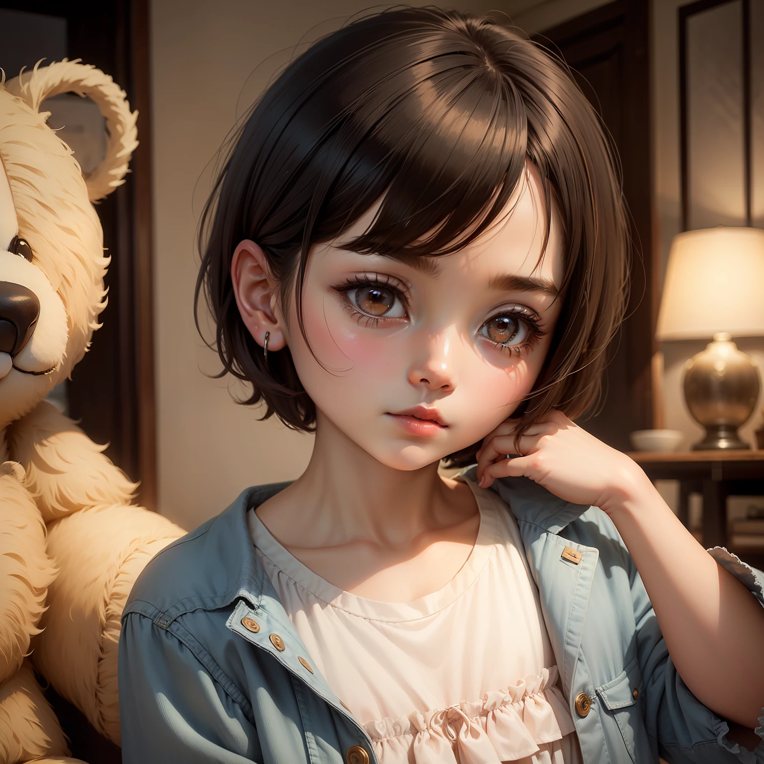 Gentle cute girl in chibi style, Short haircut bob, Huge pensive eyes, Modern clothes, Antique teddy bear in the hands of