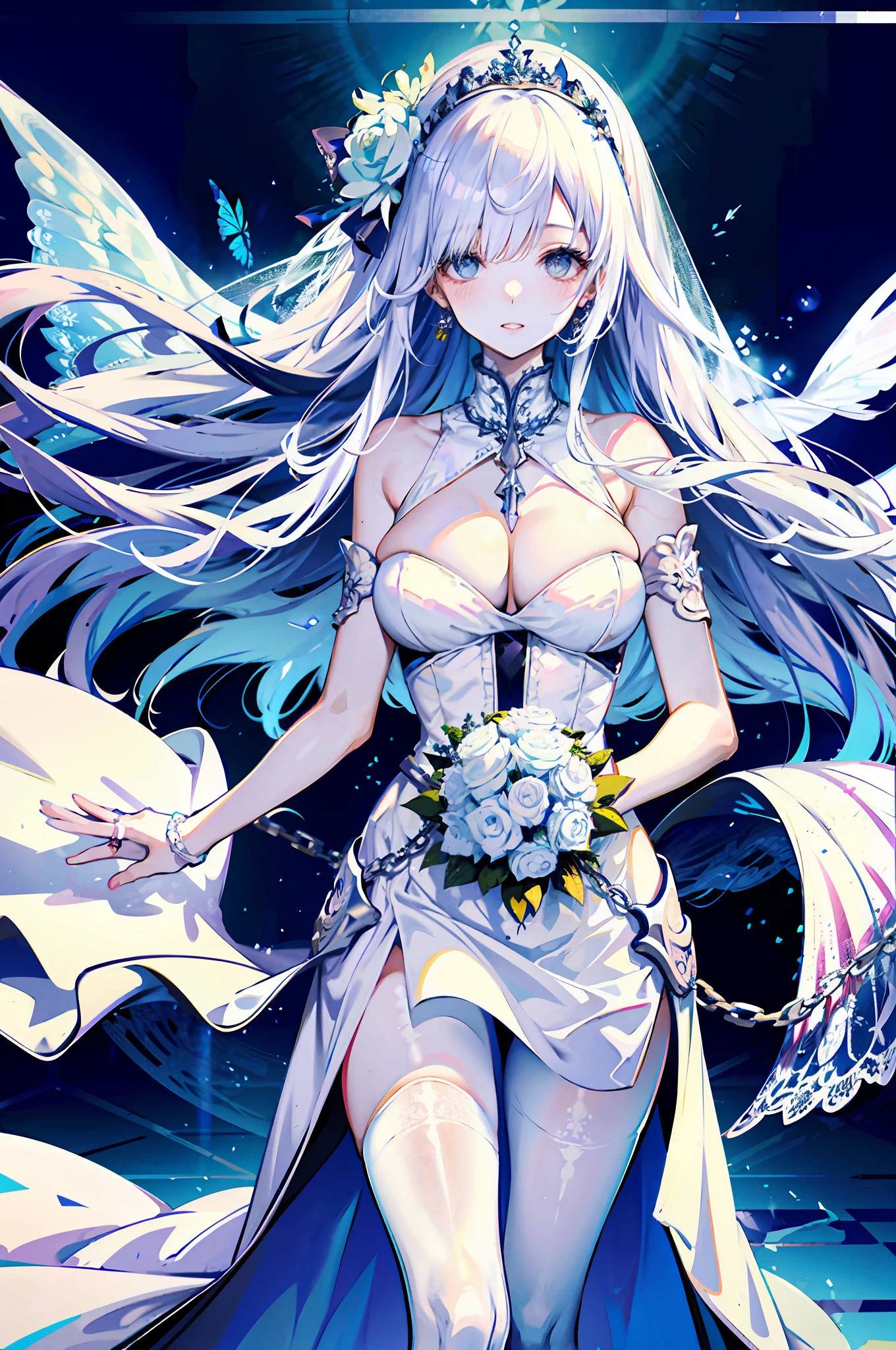 silber hair,butterflys,long whitr hair,white wedding gown,8k wallpaper,detailedbackground,Highest high resolution,deep v big breasts,Hair covers one eye,Bandeau wedding dress,chies,White rose,tight-fitting,chies,In the daytime,