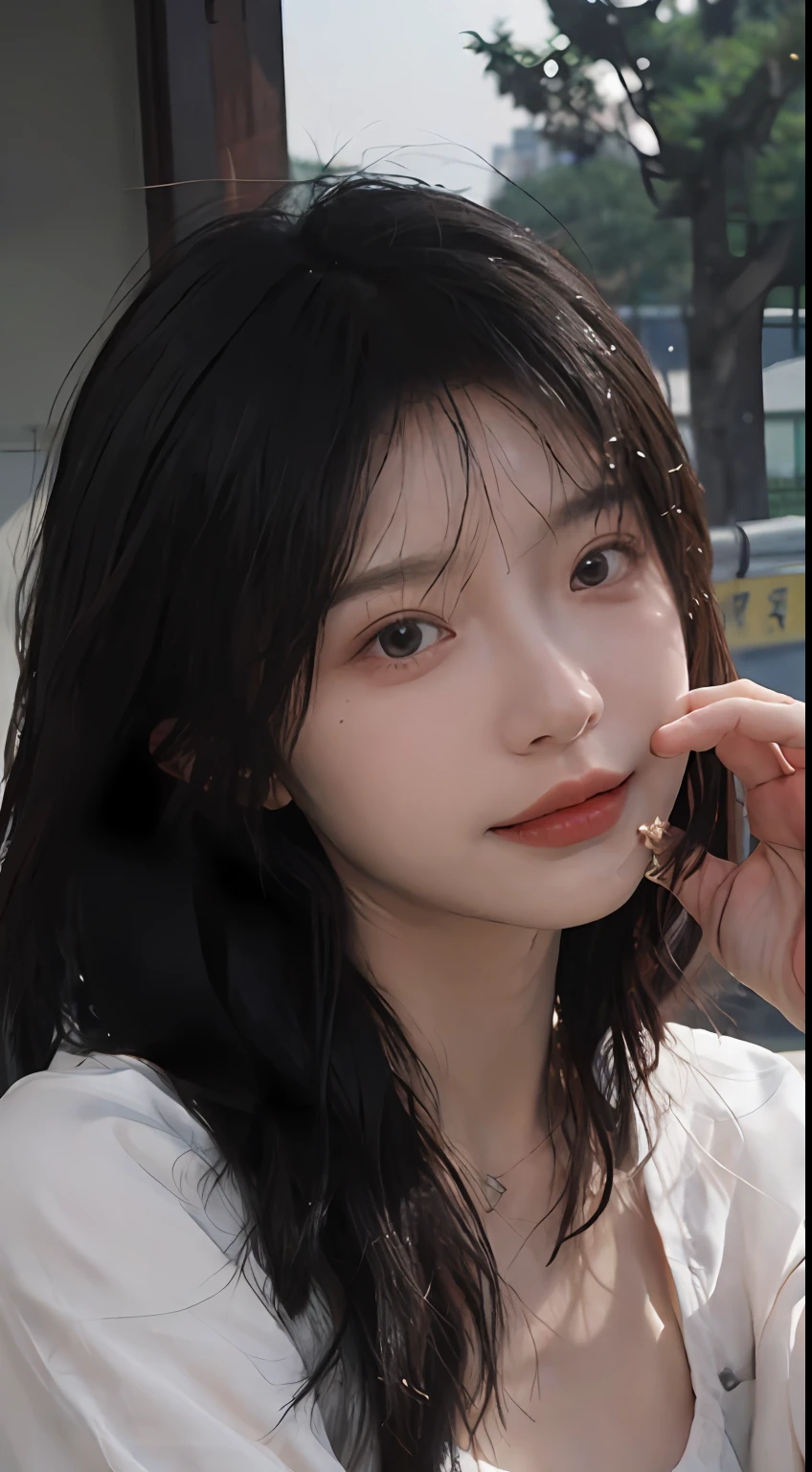 best qualtiy， 超高分辨率， （realisticlying：1.4）， Baoyu Girl， Black long straight，A pair of clear and moving peach blossom eyes,Royal Sister，sunshine on face，with long coiled hair，（（Cut hair in layers，Ordinary chest：1.2）），（Chinese nurse uniform：1.4），（choker necklace：1.2），（Fair skin：1.9），（full bodyesbian：1.2）a sense of atmosphere，a beauty girl， ssmile，head straight-looking at viewer， closeup cleavage ，(Photorealistic:1.4),Sexy,(The upper part of the body:1.4),(Wet body:1.3)