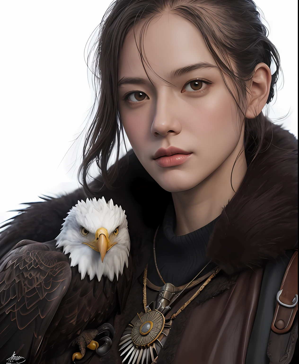 There is a bald eagle that is holding a bald eagle, Epic portrait illustration, Closeup da arte do personagem, retrato detalhado do caractere, closeup retrato de personagem, retrato de personagem de closeup, metabaron, retrato closeup de um mago, Iconic character of high detail, RPG retrato arte conceitual, epic RPG portrait, Moebius + Artgerm, retrato da arte do personagem, epic digital art illustration, RPG_retrato