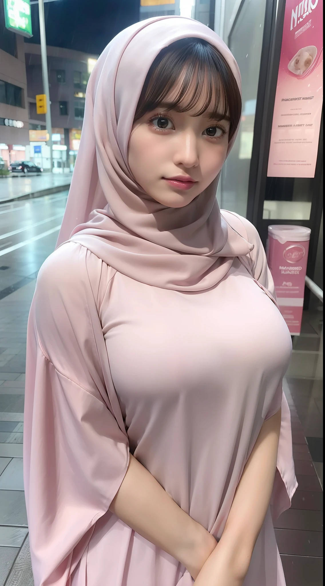 (masterpiece), best quality, realistic, photorealistic, highly detailed, highly detail face, solo,1girl, pink_shirt, wearing hijab, long hijab, big boobs, long curly hair, bangs, walking, urban city, rain,