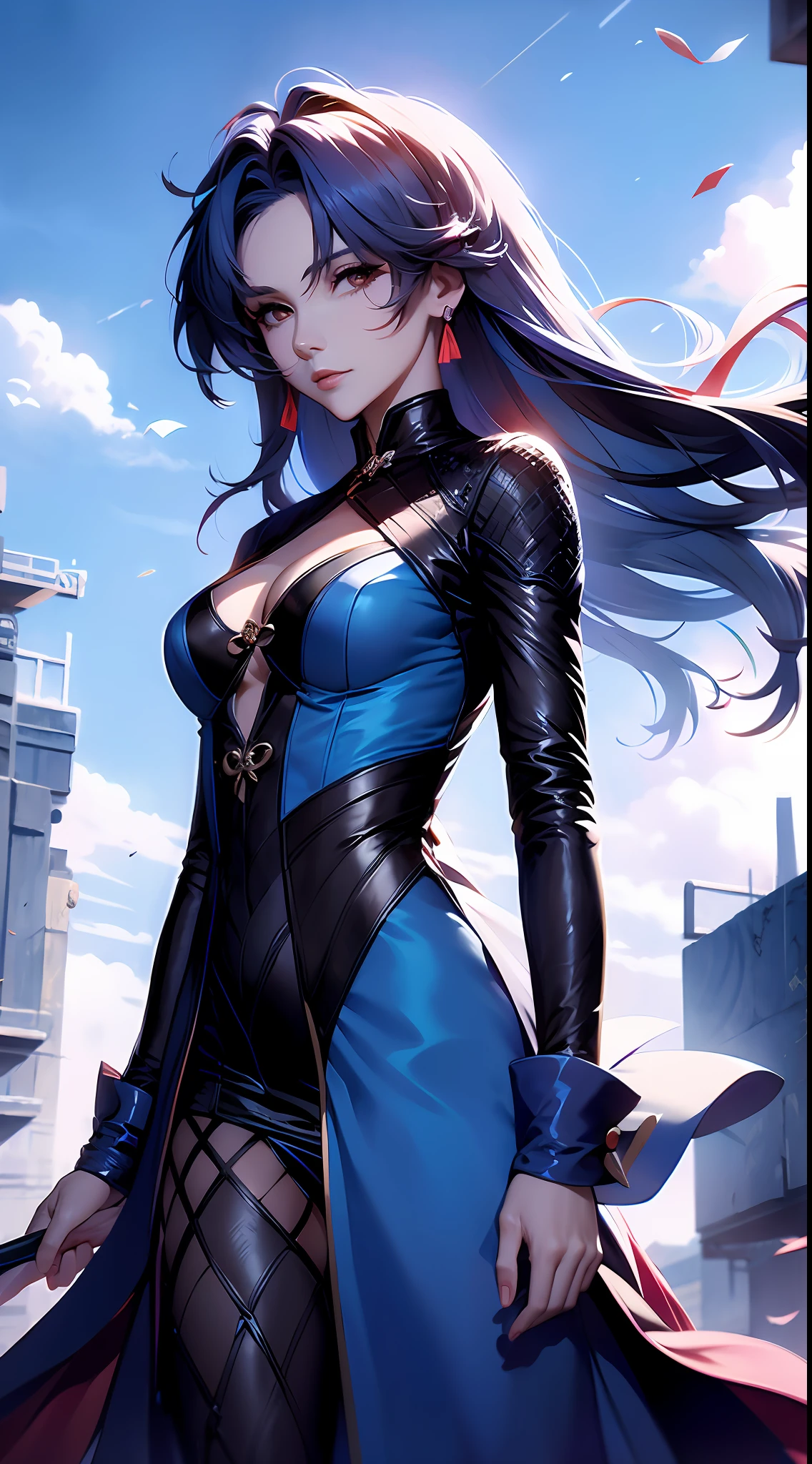 A woman in a blue dress，Blue sky and clouds in background, wearing blue dress，There are flowers on it, Art germ, Rosla global lighting, a detailed painting, Fantasy art