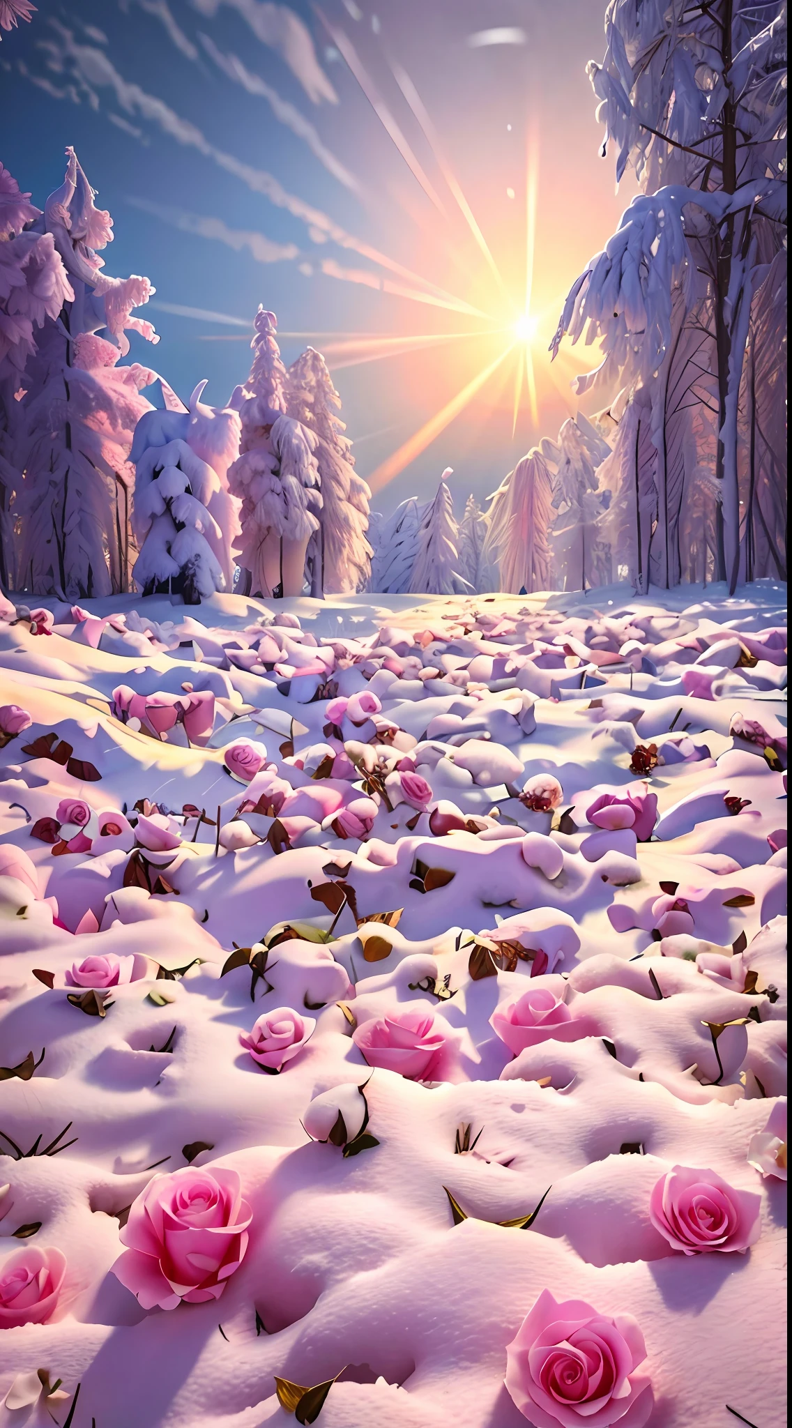 There are a lot of pink roses in the snow on the ground, with frozen flowers around her, Really beautiful nature, beautiful winter area, beautiful snowy landscape, Marshmallow bushes, field of pink flowers, Pink Forest, pink landscape, heaven pink, snow field, Beautiful nature, beatiful background, Beautiful photography, Unbelievably beautiful, in pink forest, field of fantasy flowers