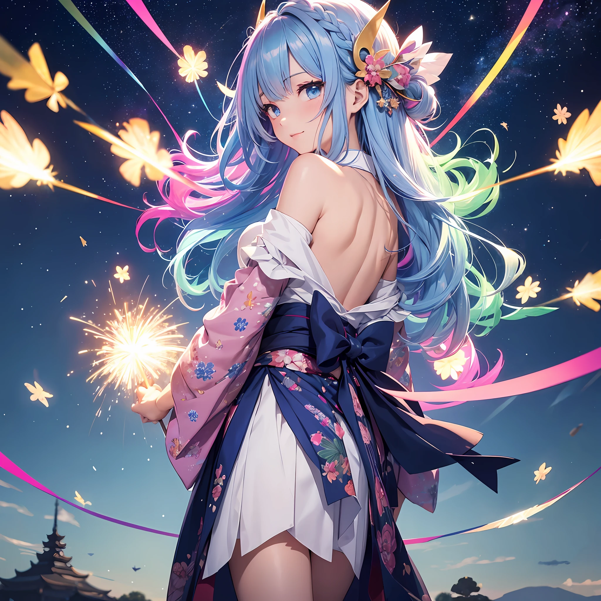 Dark Magician Girl、MKSKS style、(3 people)、(highly detailed back ground:1.0)、(highly detailed back ground:1.0)、masterpiece、top-quality、An ultra-high picture quality、16 K、high-detail、Blue eyes、frombelow、Fold your hands in front of you、eating cotton candy、The upper part of the body、Looking back、Hair ornament with emerald、Reddish cheeks、A smile、(1/2 pink and 1/2 Light blue hair、rainbow-colored hair、Ahoge、Curly、Forehead)、(Colorful kimono with a lot of draping、Rainbow Kimono:1.3、lightweight、Soft、Fluffy)、Silver necklace、Silver bracelet、(Ray-like pattern:1.4)、night sky full of stars、sparklers、sparklers、sparklers、omatsuri、natta、wakame、wakame、wakame、wakame、wakame、wakame、wakame、wakame、wakame、wakame、wakame、wakame、wakame、wakame --auto