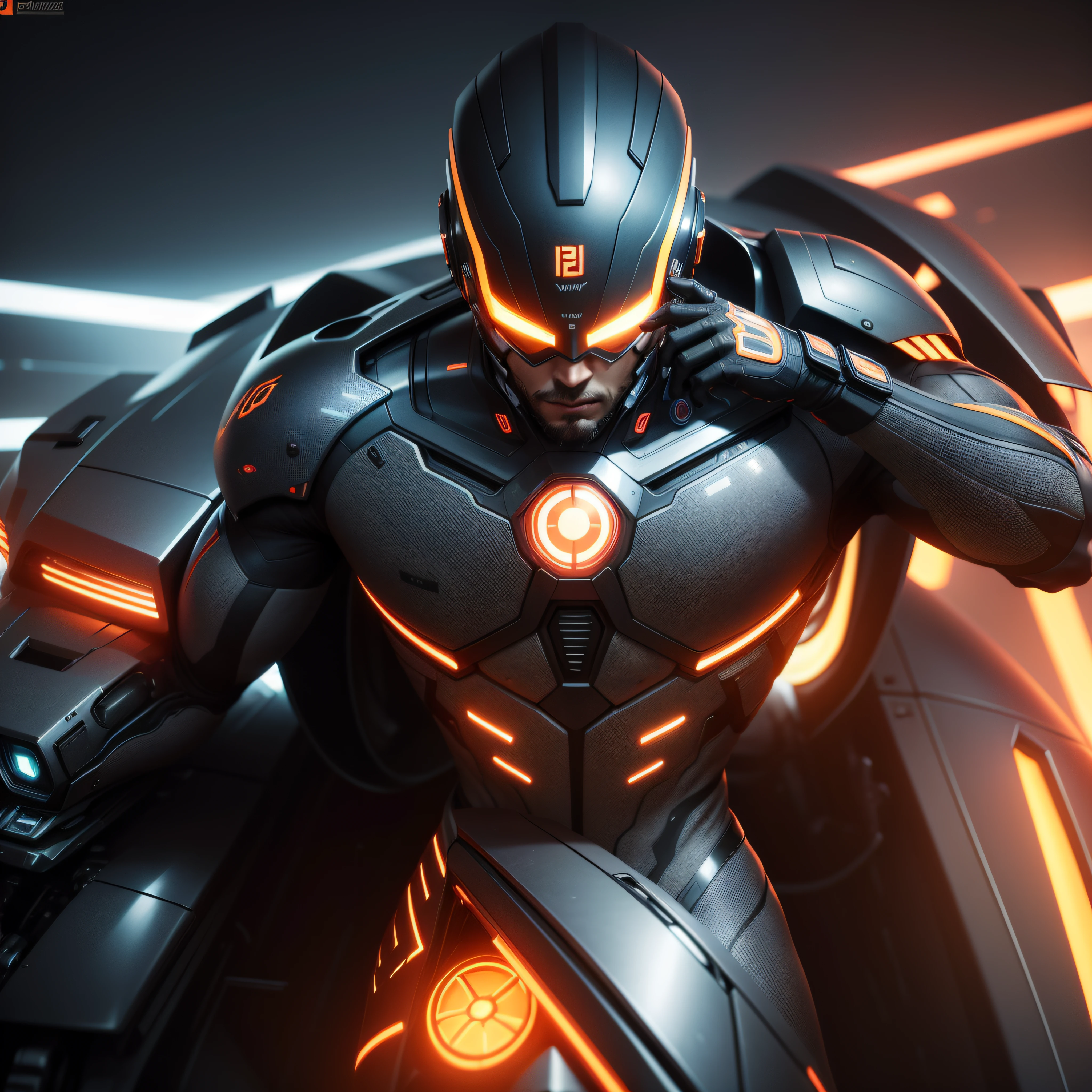 cyborg futurista homem, cidade futurista, noite, carros perfeitos no fundo,Perfect cars without deformation, predios, luzes neon laranja, luzes neon preta, detalhes laranjas na roupa, brilhos em formato de seta laranja pra cima, olhando para a camera,3d realista,8k, alta qualidade,placas com setas neon apontadas pra cima nos predios