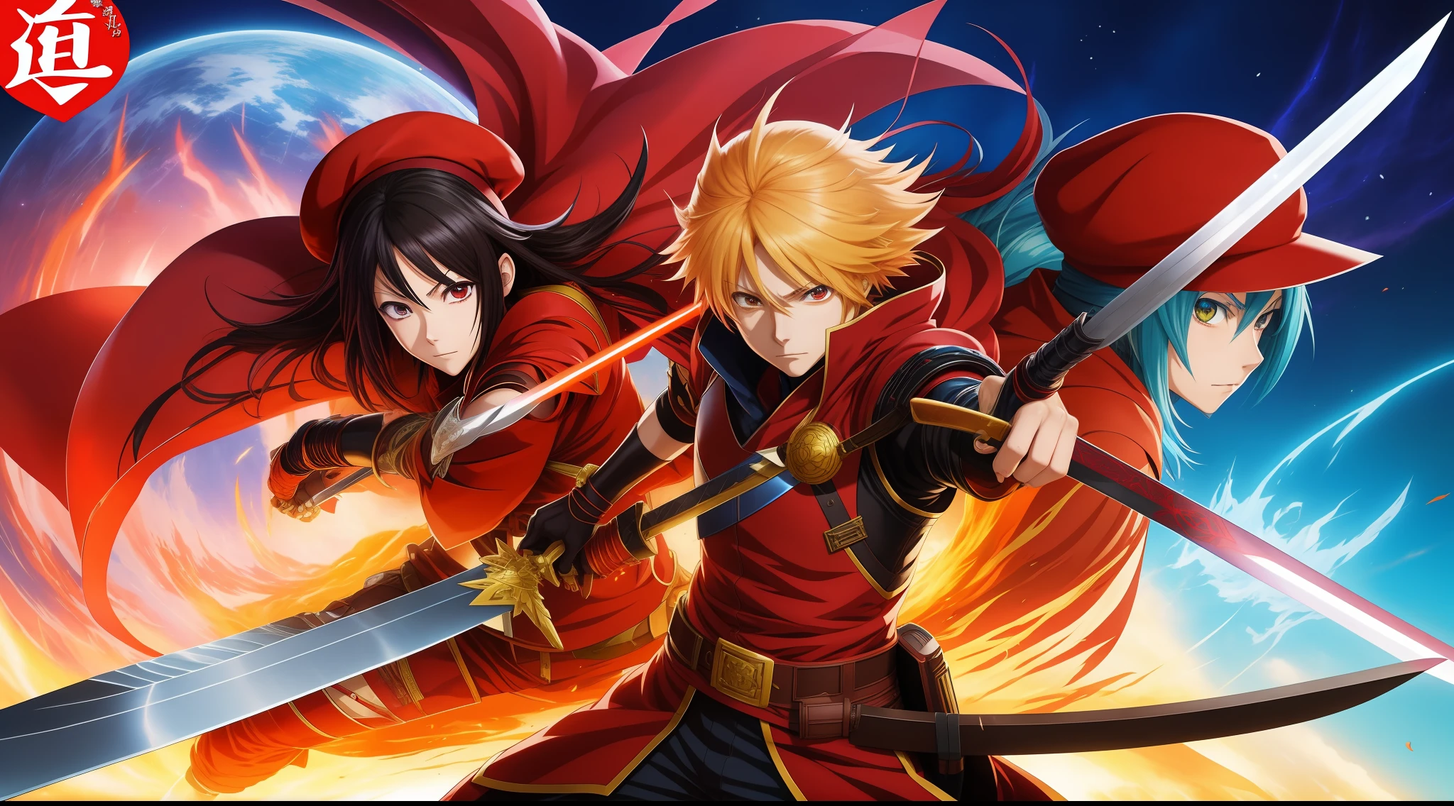two anime characters in a battle with swords and a red hat, epic light novel art cover, detailed key anime art, epic light novel cover art, 2. 5 d cgi anime fantasy artwork, anime key art, anime in fantasy style, light novel cover art, official anime artwork, high detailed official artwork, shirow masamune, top 25 fantasy anime series