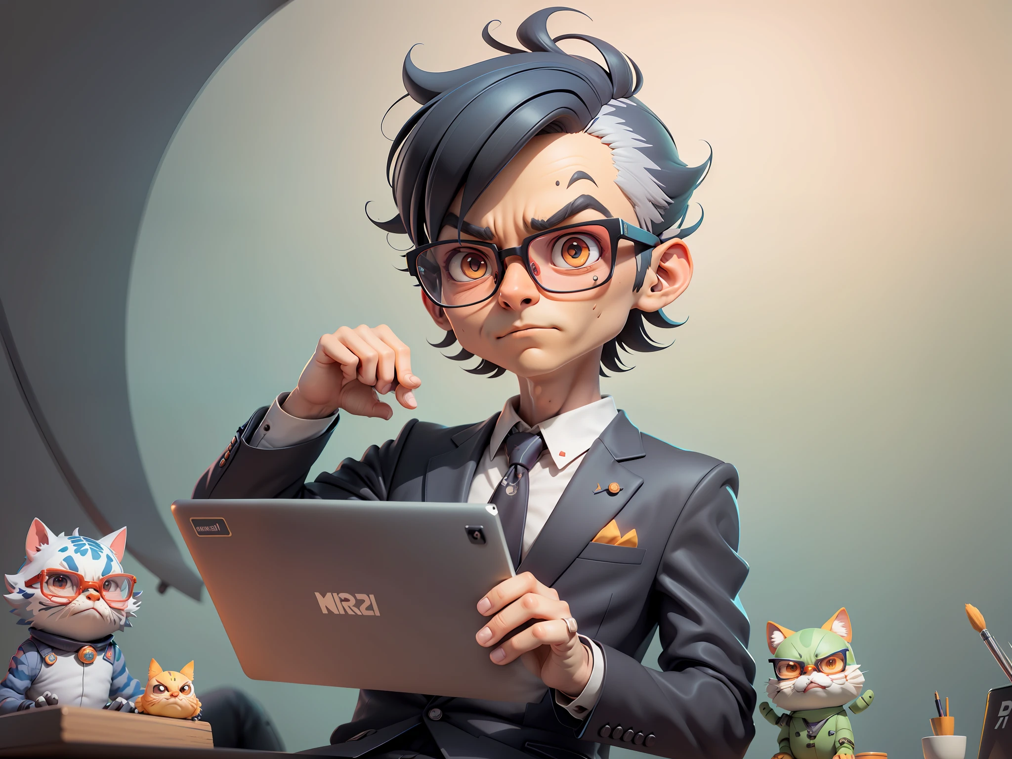 A young man in a suit, Short hair and glasses sat at his desk,holding laptop,digitial painting,tigre,3D character design by Mark Clairen and Pixar and Hayao Miyazaki and Akira Toriyama,4K HD illustration,Very detailed facial features and cartoon-style visuals。