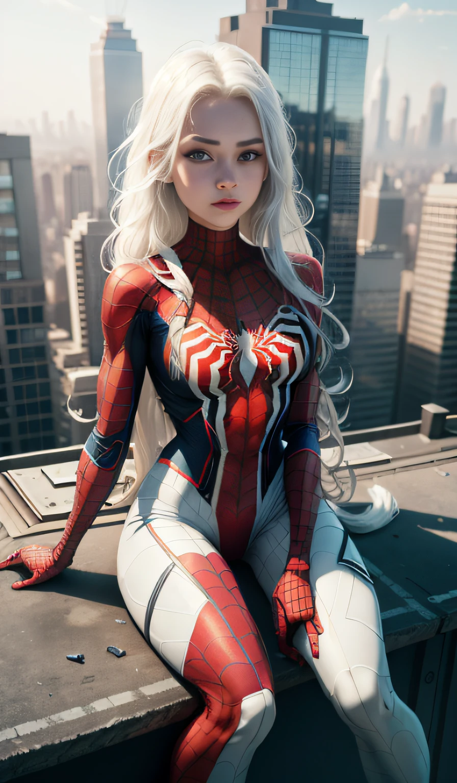 4k, realistic, carismatic, very detail, there is a girl on top city, wearing spiderman costum, she is a spiderman, white super hero theme, white long hair, 25 years old, full body