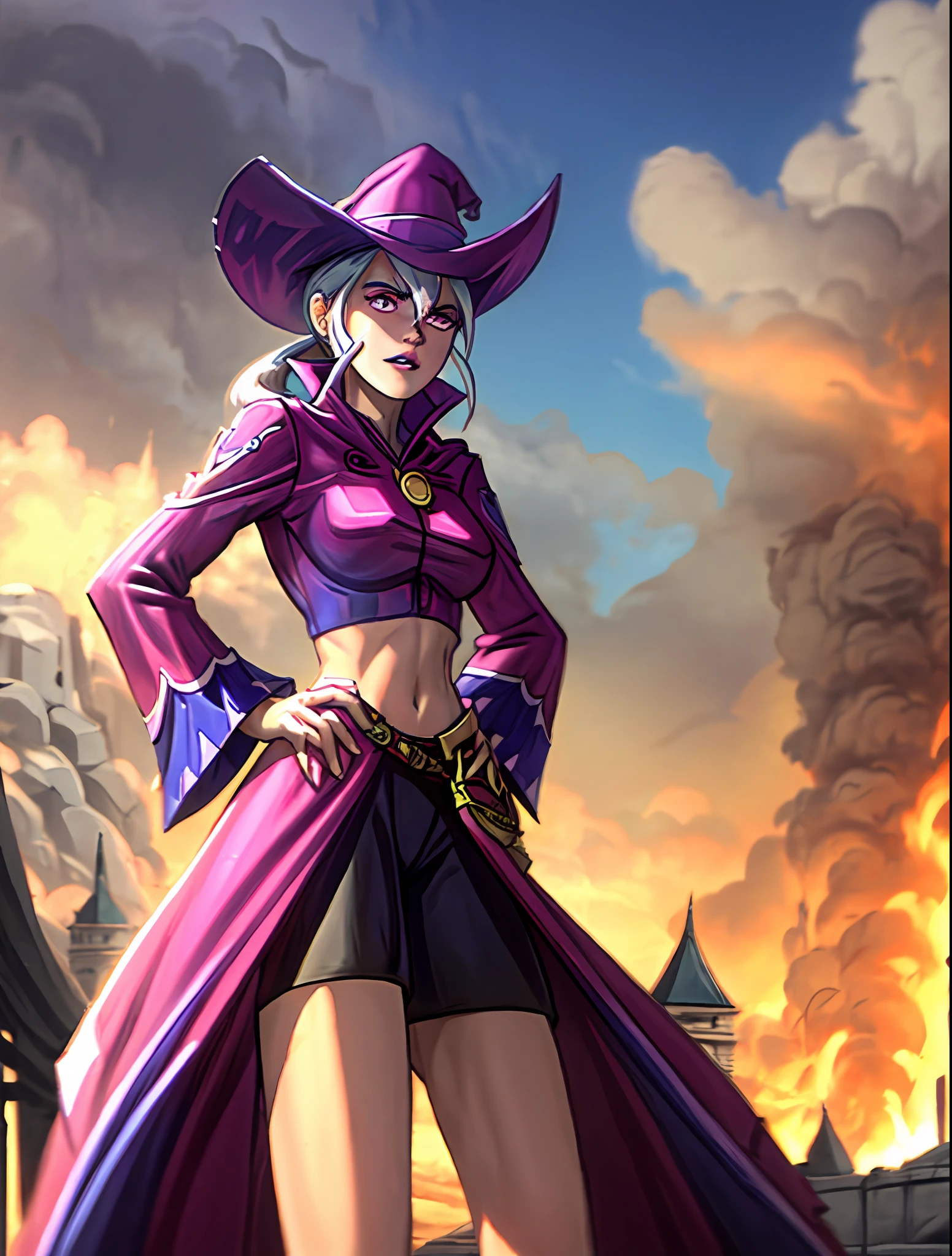 (cowboy shot), sfw,  (masterpiece), (best quality:1.0), (ultra highres:1.0), detailed eyes,
BREAK
Charmcaster, 1girl, pink eyes, low ponytail, wispy bangs, hands on hips
mage_glam, pouch belt, witch hat, midriff
BREAK
(castle, outdoors,  gorgeous view)