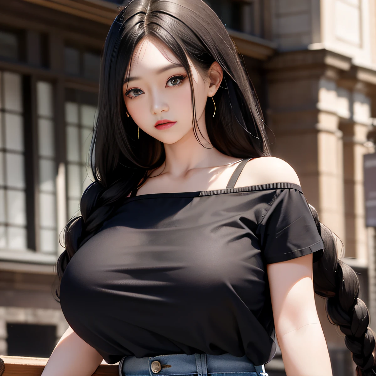 Girls pure beauty,big breasts beautiful,cabelos preto e longos,黑The eye,cropped shoulders,tee shirt,Denim skirt,exteriors,school ground,Twist braids,Nice face,delicated face