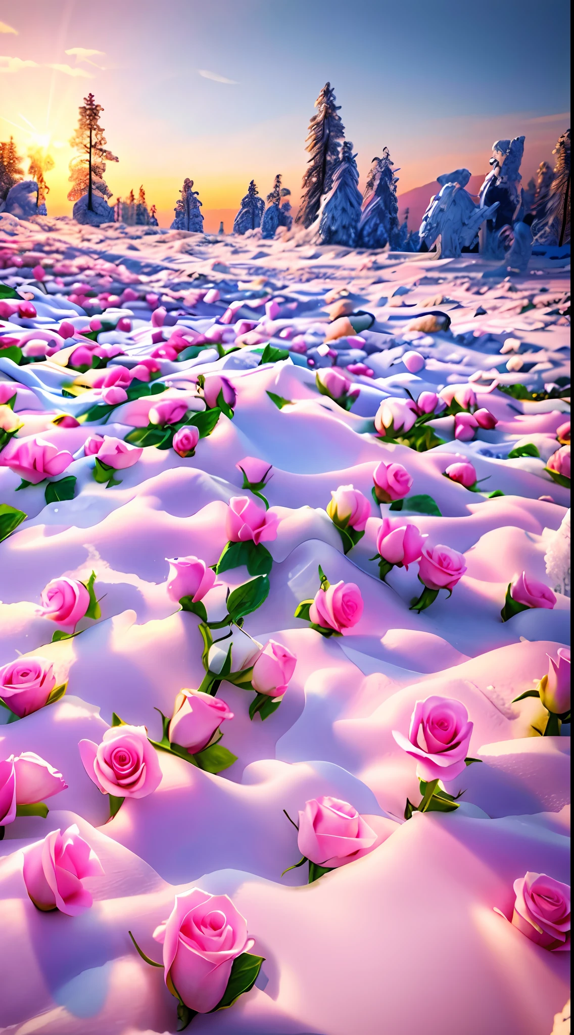 There are a lot of pink roses in the snow, with frozen flowers around her, Really beautiful nature, Beautiful nature, snow field, very beautiful photograph of, Natural snowmelt in spring and winter, field of pink flowers, 4 0 9 6, Flowers everywhere, rosses, maxim sukharev, rosette, beautiful aesthetic, very realistic looking, snow snow, absolutely outstanding image