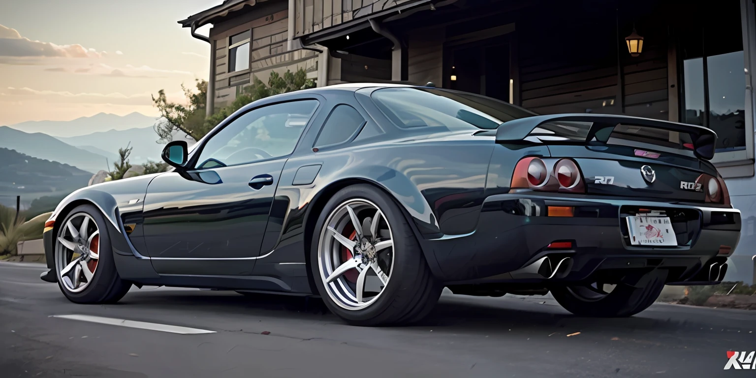 "A modified Mazda RX-7 is at the center of the scene, exuding pure power and elegance. The body is lowered, enhancing its aggressive and aerodynamic stance. As linhas suaves e curvas do carro foram aprimoradas com um kit de carroceria personalizado, que adiciona um toque ainda mais esportivo.
The RX-7's glossy paint is unique, with a gradient of colors ranging from a fiery red to a deep black. Bright metallic details and custom decals adorn the car, giving it a unique and eye-catching look.
Under the hood, a turbocharged engine is visible, transmitindo sua performance impressionante. As rodas de liga leve personalizadas complementam o visual, with high-performance tyres for maximum grip on the road.
Agora, voltando para a paisagem ao fundo, the RX-7 is positioned on a winding road that winds through a beautiful mountainous landscape. The scenery is breathtaking, with majestic mountains covered by lush vegetation.
The sky is clear and blue, com algumas nuvens brancas espalhadas suavemente. The sun is shining brightly, casting rays of golden light on the landscape, criando sombras interessantes.
The road ahead of the RX-7 is a perfect combination of adrenaline and picturesque scenery, inviting you for an exciting journey amidst stunning nature.
This image captures the essence of the passion for tuned sports cars, combining the beauty of the Mazda RX-7 with the serenity of a magnificent landscape."