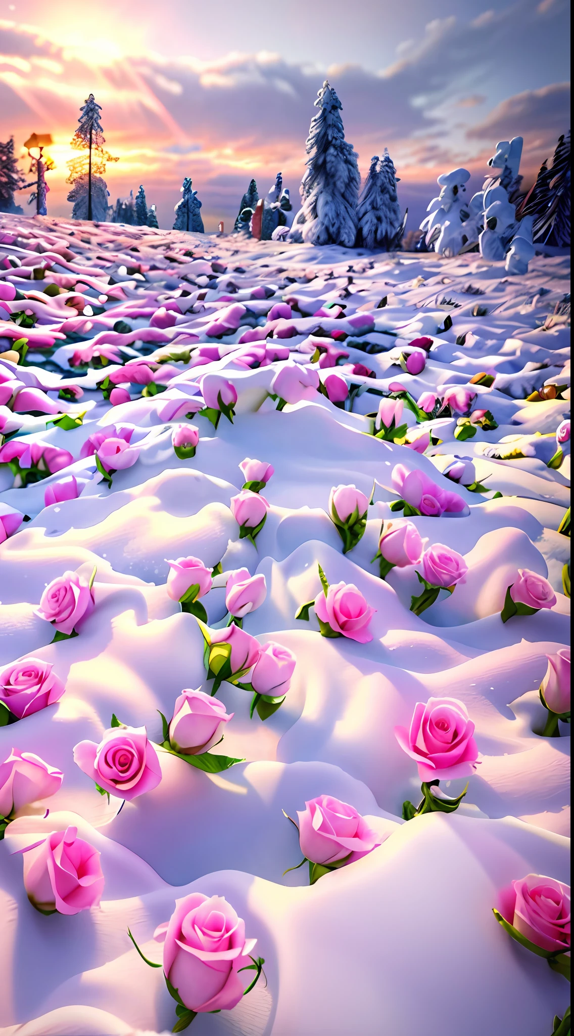 There are a lot of pink roses in the snow, with frozen flowers around her, Really beautiful nature, Beautiful nature, snow field, very beautiful photograph of, Natural snowmelt in spring and winter, field of pink flowers, 4 0 9 6, Flowers everywhere, rosses, maxim sukharev, rosette, beautiful aesthetic, very realistic looking, snow snow, absolutely outstanding image