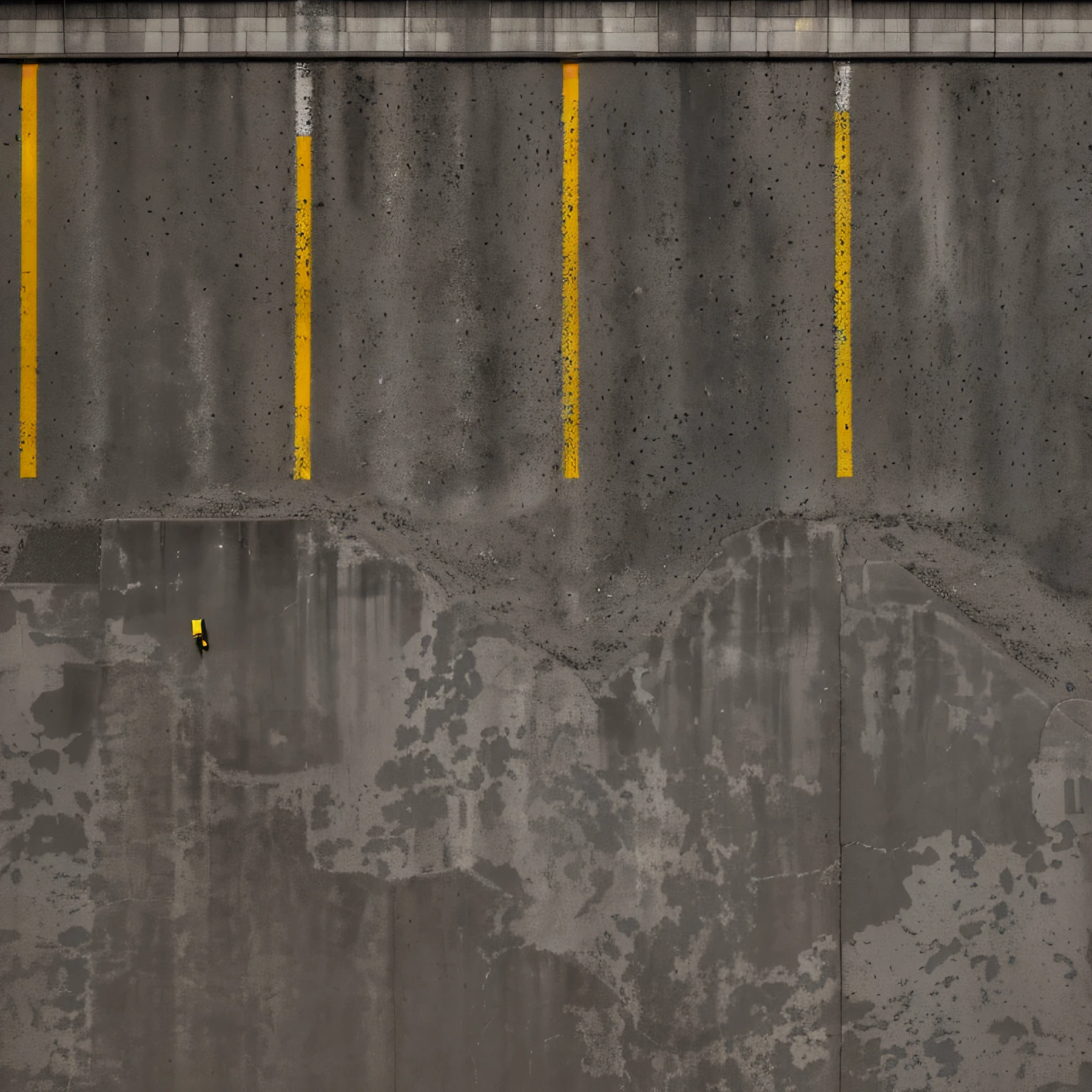 There is a photo of the parking lot with a yellow line top view, Seamless parking texture with curb and yellow frayed marking lines, Traces of wheels, [[empty warehouse]] Background, concrete _ wallside ) ], parking, high resolution details, High-resolution detail, concrete, Untextured, Super High Resolution, high resolution texture, concrete wall, dark hangar background, Gray warehouse background, high resolution textures, High resolution and detail