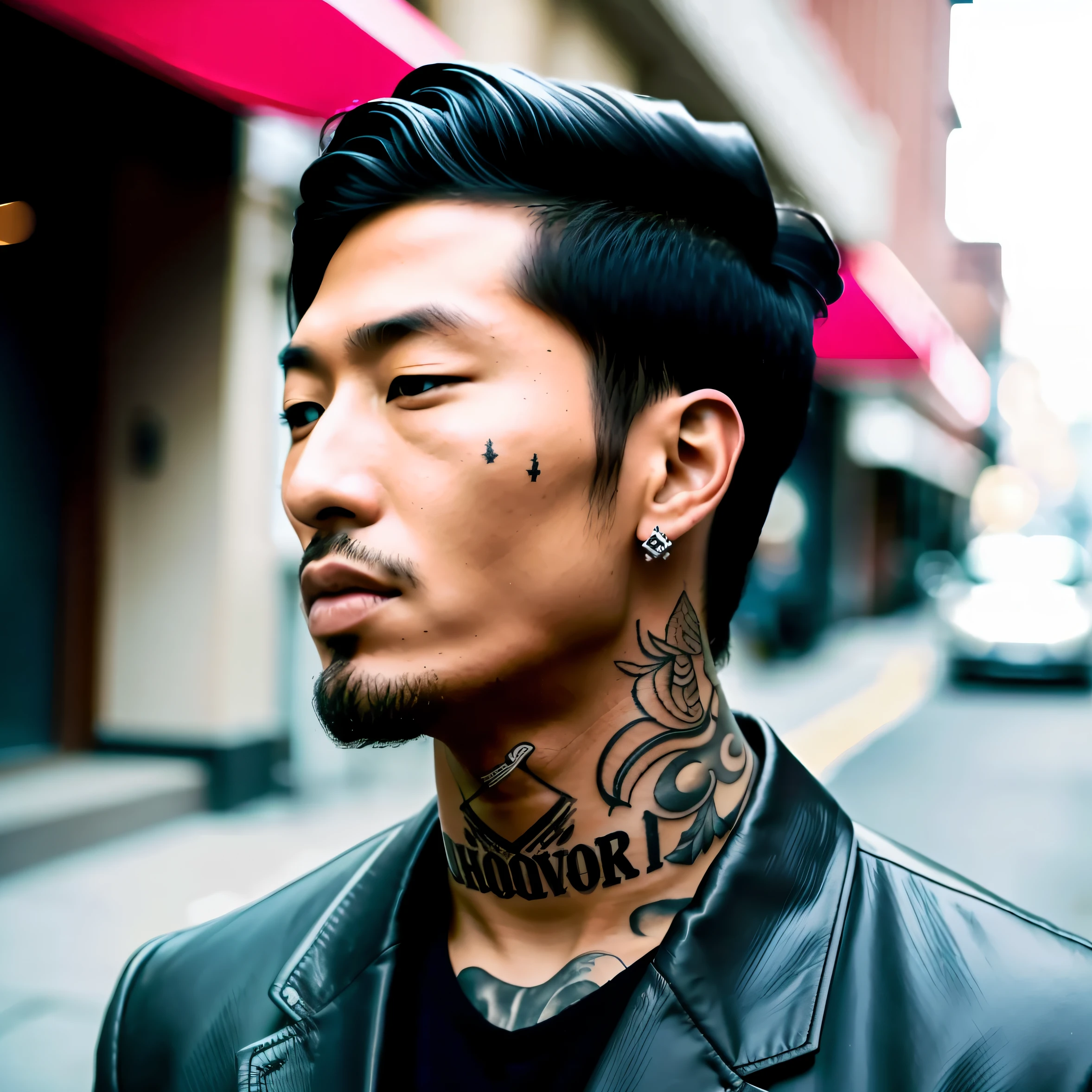 man smoking, cigarettes, natural lights, ghetto, gangsta, Asian man, high cheekbones, stubble, facial hairs, UHD, wide angle, cool style, tattoos, face tattoos, Hmong, masterpiece, ultra realistic, 16k