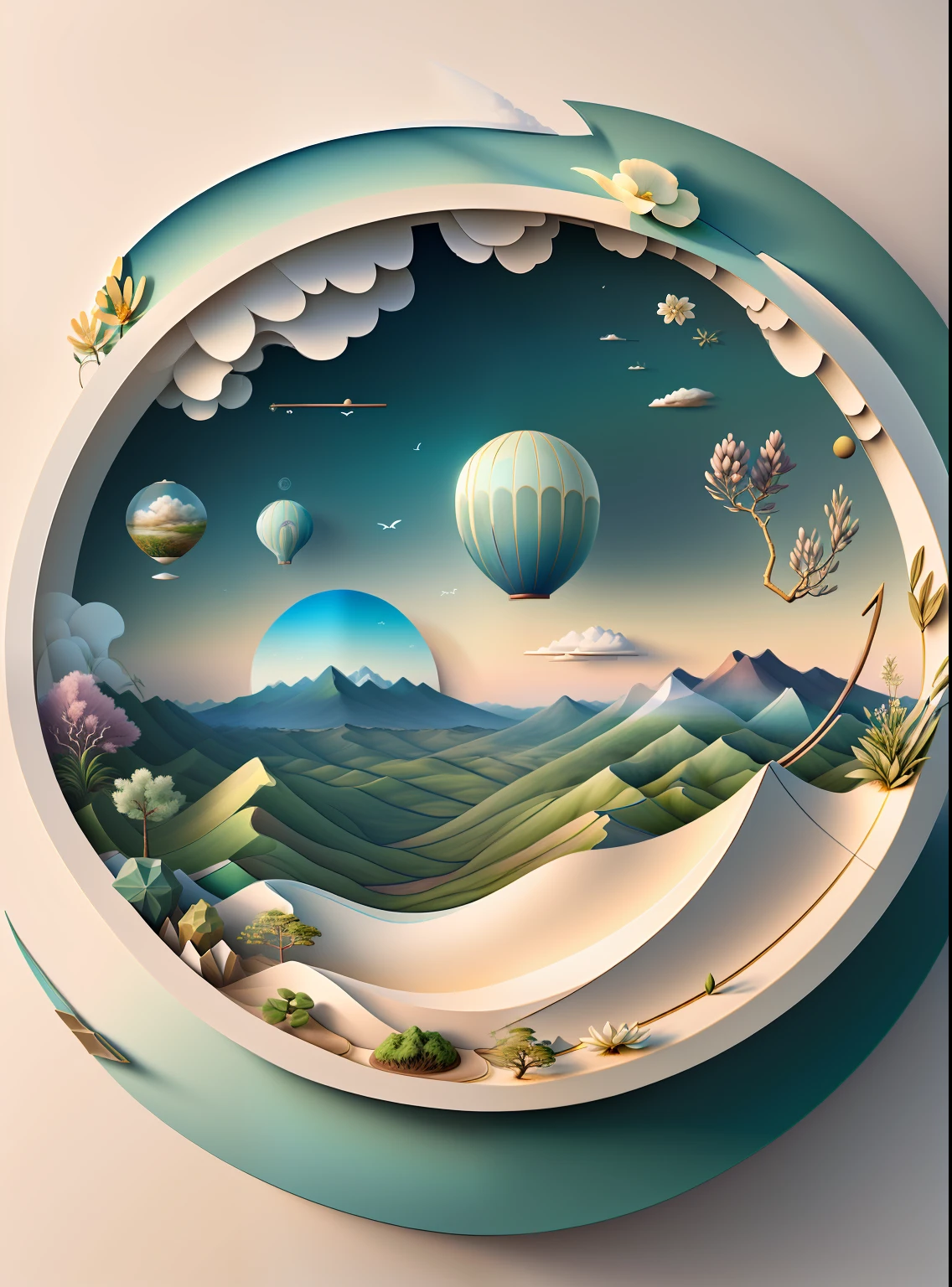 Natural and organic depictions of vast landscapes,Sky and steppe,ikebana,Clouds,extremely windy,Features earth tones and botanical motifs,Withdraw connections to nature and the environment,Influenced by botanical illustrations or environmental art,softlight,(warm color:1.15),best quality exquisite details,3D rendering