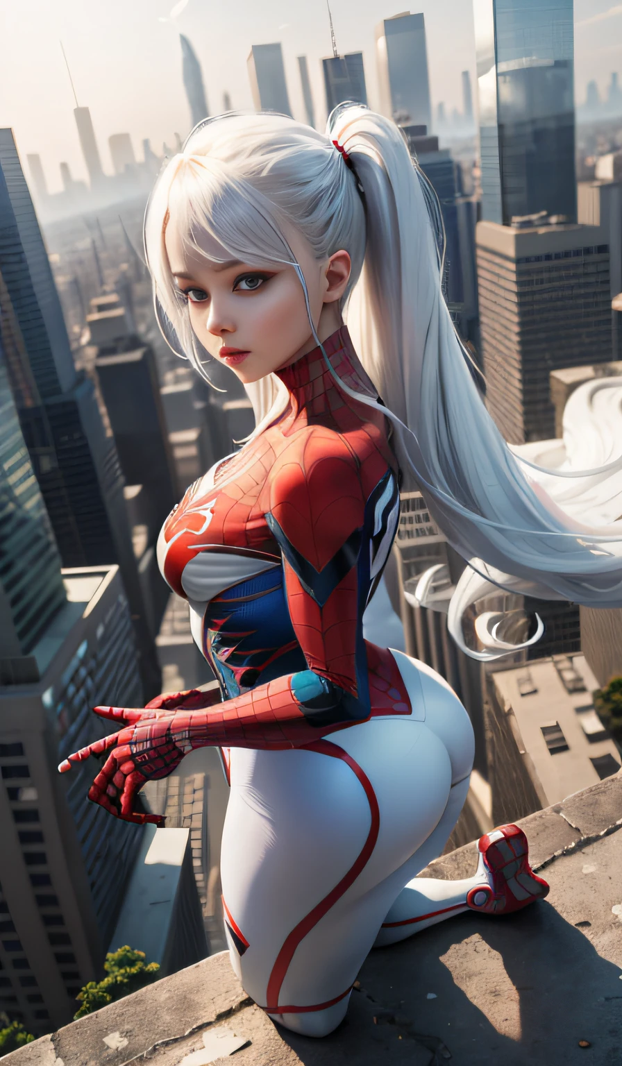 4k, realistic, carismatic, very detail, there is a girl on top city, wearing spiderman costum, she is a spiderman, white super hero theme, white long hair, 25 years old, full body