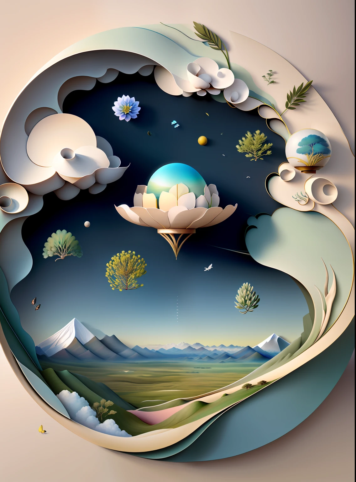 Natural and organic depictions of vast landscapes，Sky and steppe，ikebana，Clouds，extremely windy，Features earth tones and botanical motifs，Withdraw connections to nature and the environment，Influenced by botanical illustrations or environmental art，softlight,(warm color:1.15),best quality exquisite details,3D rendering