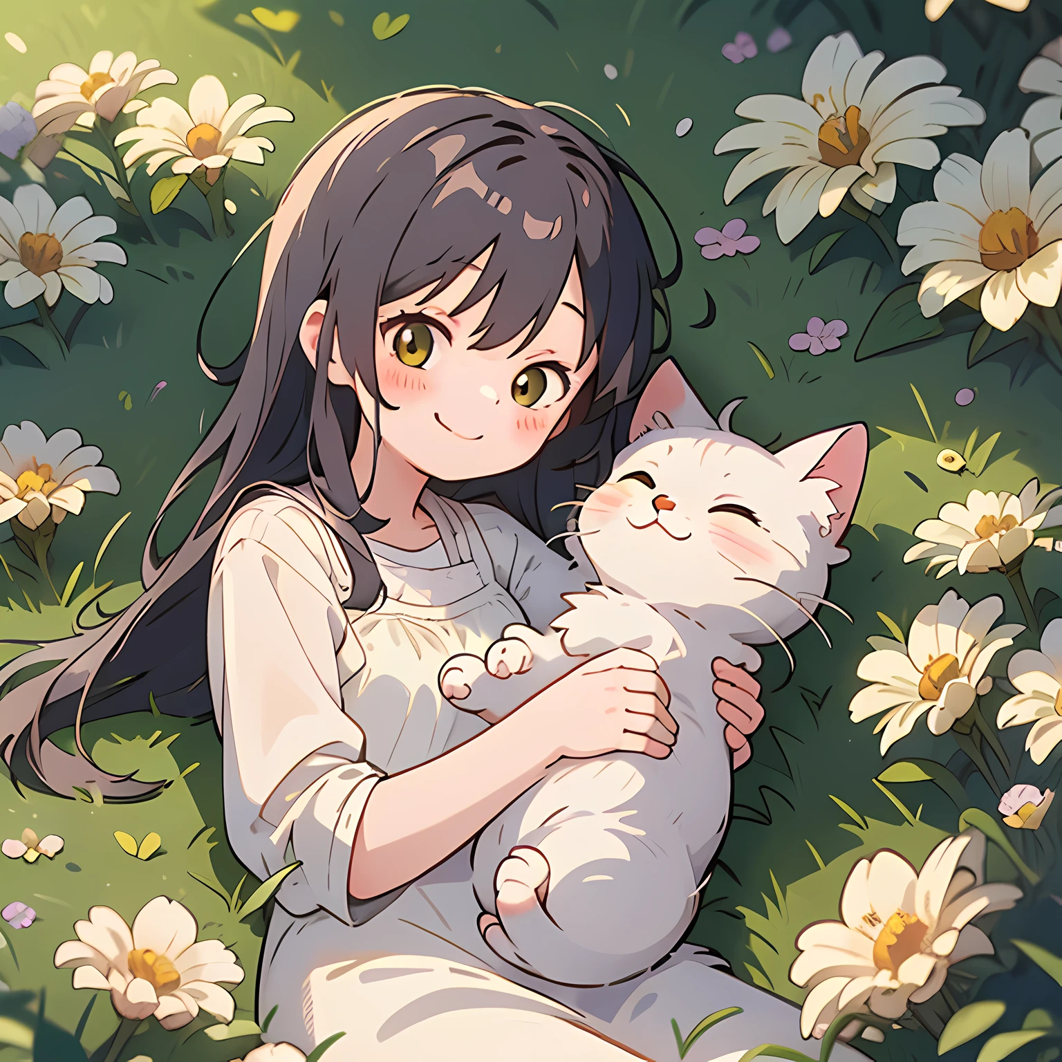 1girll，Miyazaki style, by Ghibli Studio, Sunny day, A beautiful  girl，Smile lying on the grass，Natural movements，Normal body，Surrounded by pastel flowers and her white cat, rich details​, Calm atmosphere, Soft lighting, Clean background, --AR 3:4 --s 750 --niji 5