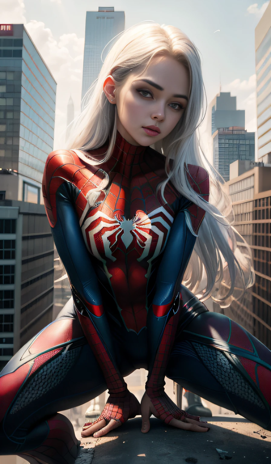 4k, realistic, carismatic, very detail, there is a girl on top city, wearing spiderman costum, she is a spiderman, white super hero theme, white long hair, 25 years old, full body