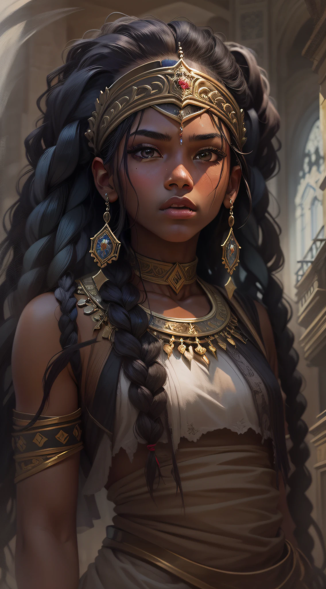 Uma jovem menina de anos guerreira com longos cabelos pretos sentada em um mosteiro: Em um mosteiro sereno aninhado em meio a montanhas imponentes, There's a young warrior with fluttering ebony braids that fall like a river of darkness down her back. His delicate features are adorned with a determined expression, mas suave, reminiscent of the inner strength that resides within him. Disguised in the tranquility of his surroundings