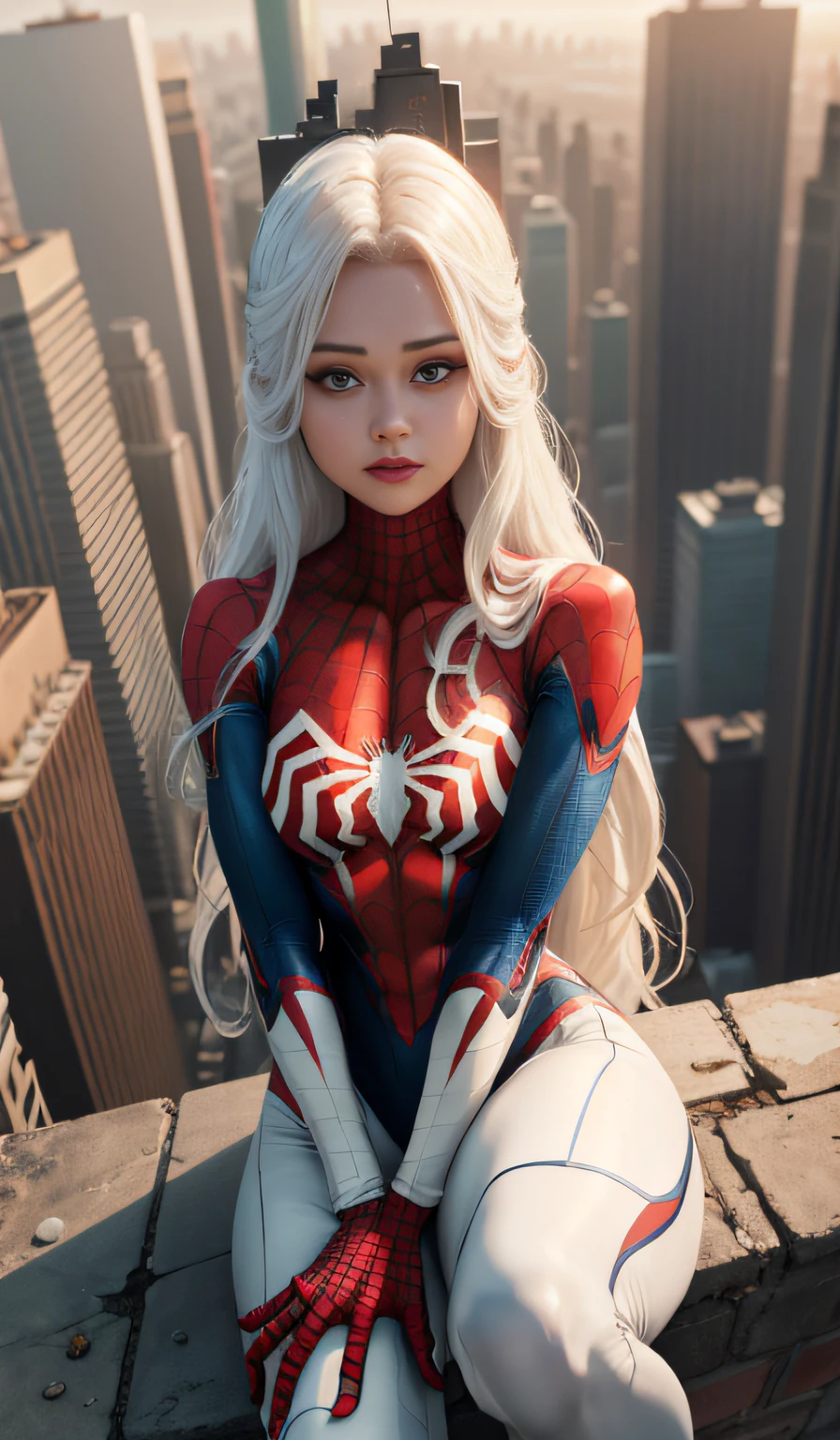 4k, realistic, carismatic, very detail, there is a girl on top city, wearing spiderman costum, she is a spiderman, white super hero theme, white long hair, 25 years old, full body