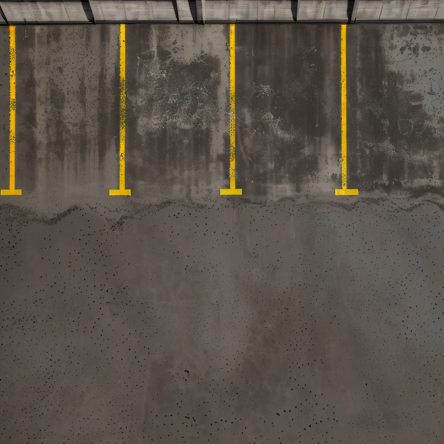 There is a photo of the parking lot with a yellow line top view, Seamless parking texture with curb and yellow frayed marking lines, Traces of wheels, [[empty warehouse]] Background, concrete _ wallside ) ], parking, high resolution details, High-resolution detail, concrete, Untextured, Super High Resolution, high resolution texture, concrete wall, dark hangar background, Gray warehouse background, high resolution textures, High resolution and detail
