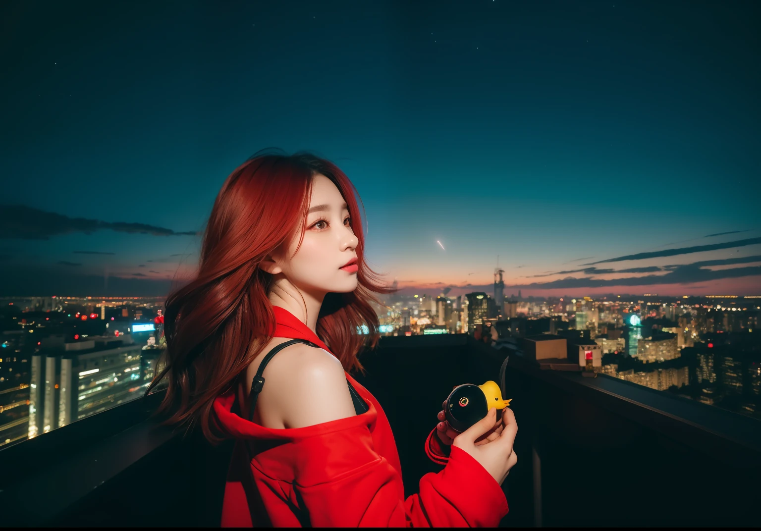 (Masterpiece), Best quality, 超高分辨率,Little girl, cyberpunk 1girl flying above stunning cityscape ,Hoodie,Red hair,  neon color shooting stars, Red long-haired, cropped shoulders, feathers hair ornament, Neon colors, Twinkle, stunning night sky, Cinematic lighting, Photorealistic, Realistic skin, hdr,二重まぶた，fish eye，Holding a small yellow duck in his hand，