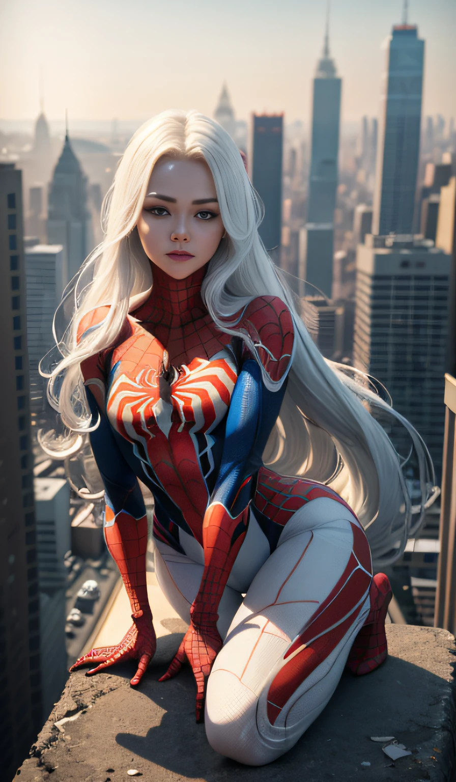 4k, realistic, carismatic, very detail, there is a girl on top city, wearing spiderman costum, she is a spiderman, white super hero theme, white long hair, 25 years old, full body
