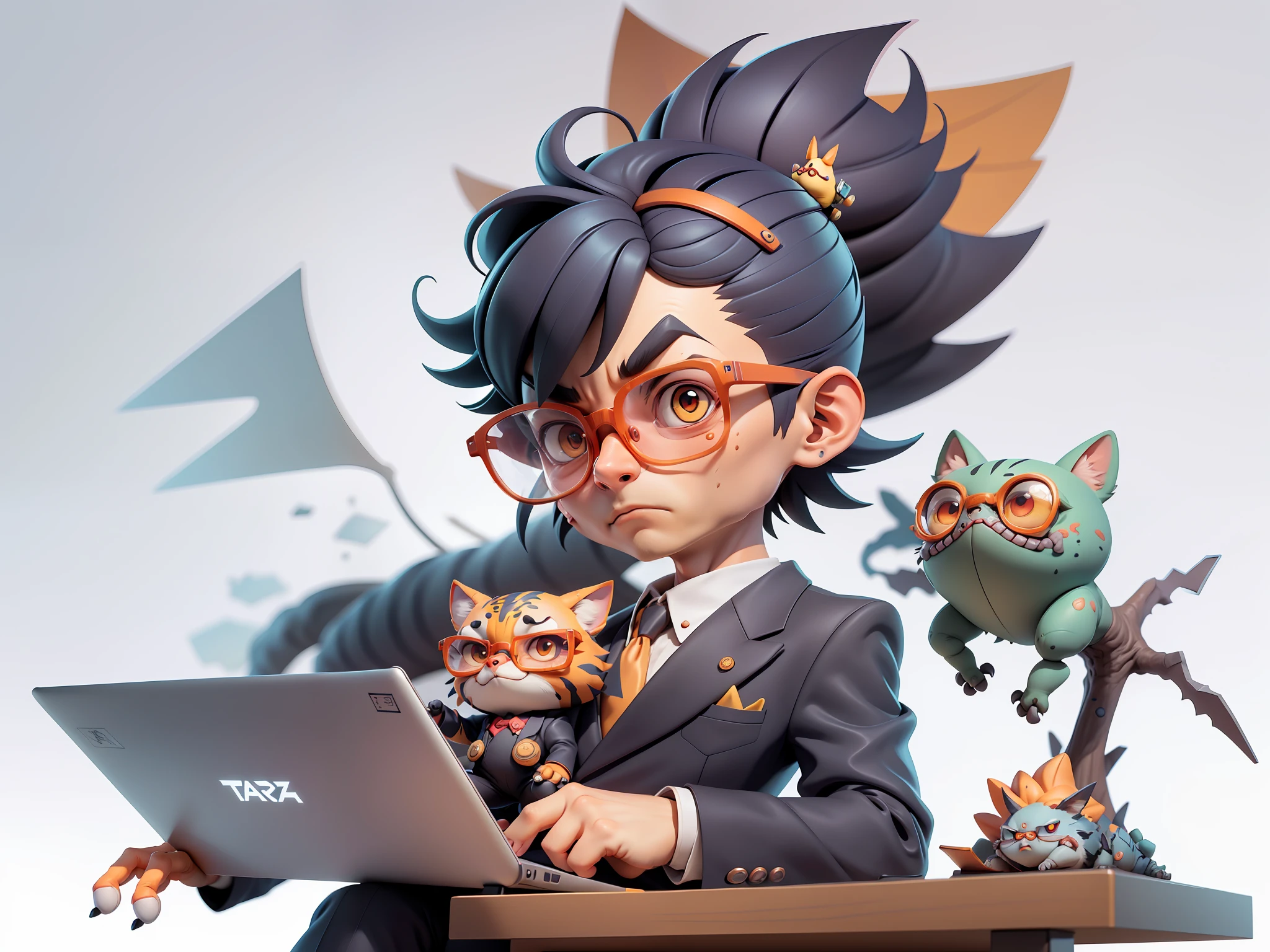 A young man in a suit, Short hair and glasses sat at his desk，holding laptop，digitial painting，tigre，3D character design by Mark Clairen and Pixar and Hayao Miyazaki and Akira Toriyama，4K HD illustration，Very detailed facial features and cartoon-style visuals。