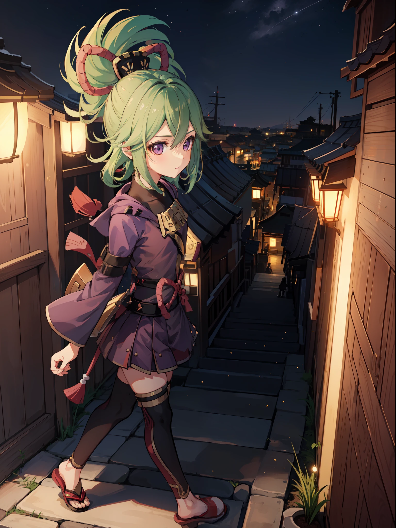 1girl kuki shinobu, kuki walking around Inazuma town, happy face, in the night