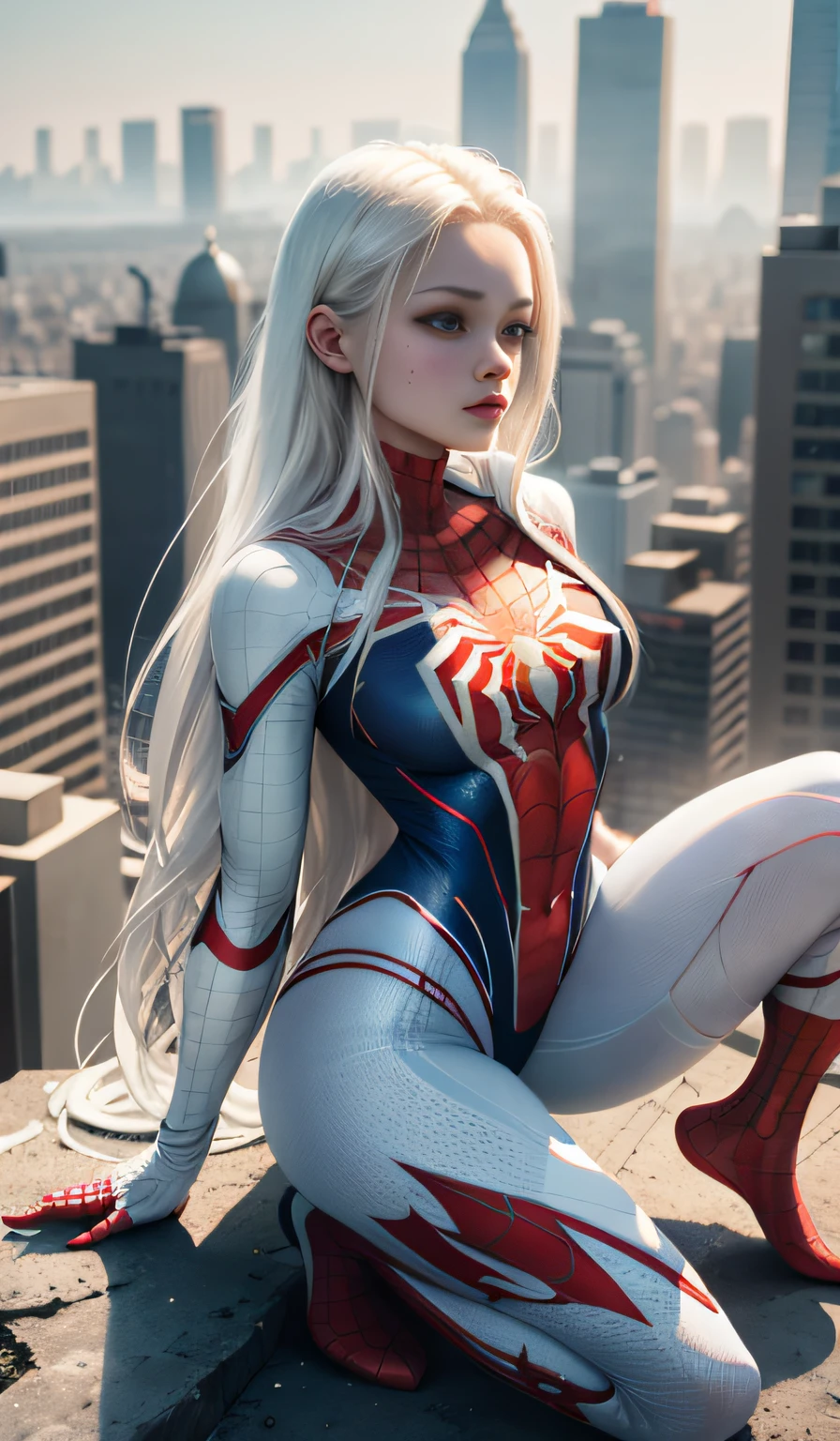 4k, realistic, carismatic, very detail, there is a girl on top city, wearing spiderman costum, she is a spiderman, white super hero theme, white long hair, 25 years old, full body